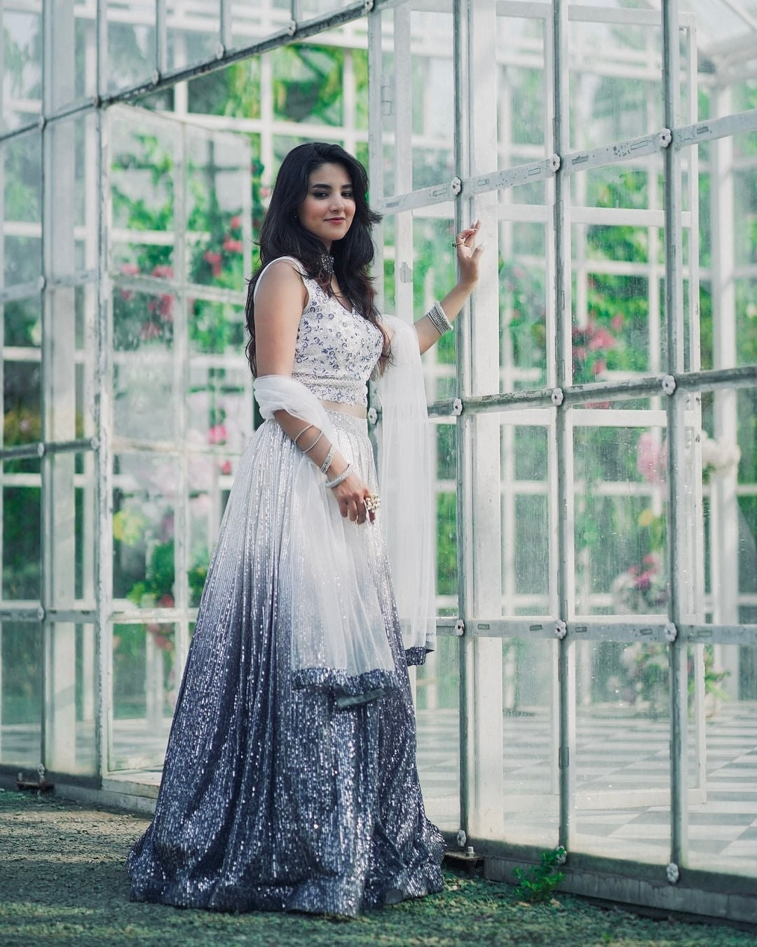 Silver Grey Shaded Georgette Silk Lehenga with Sequin Work & Net Dupatta.