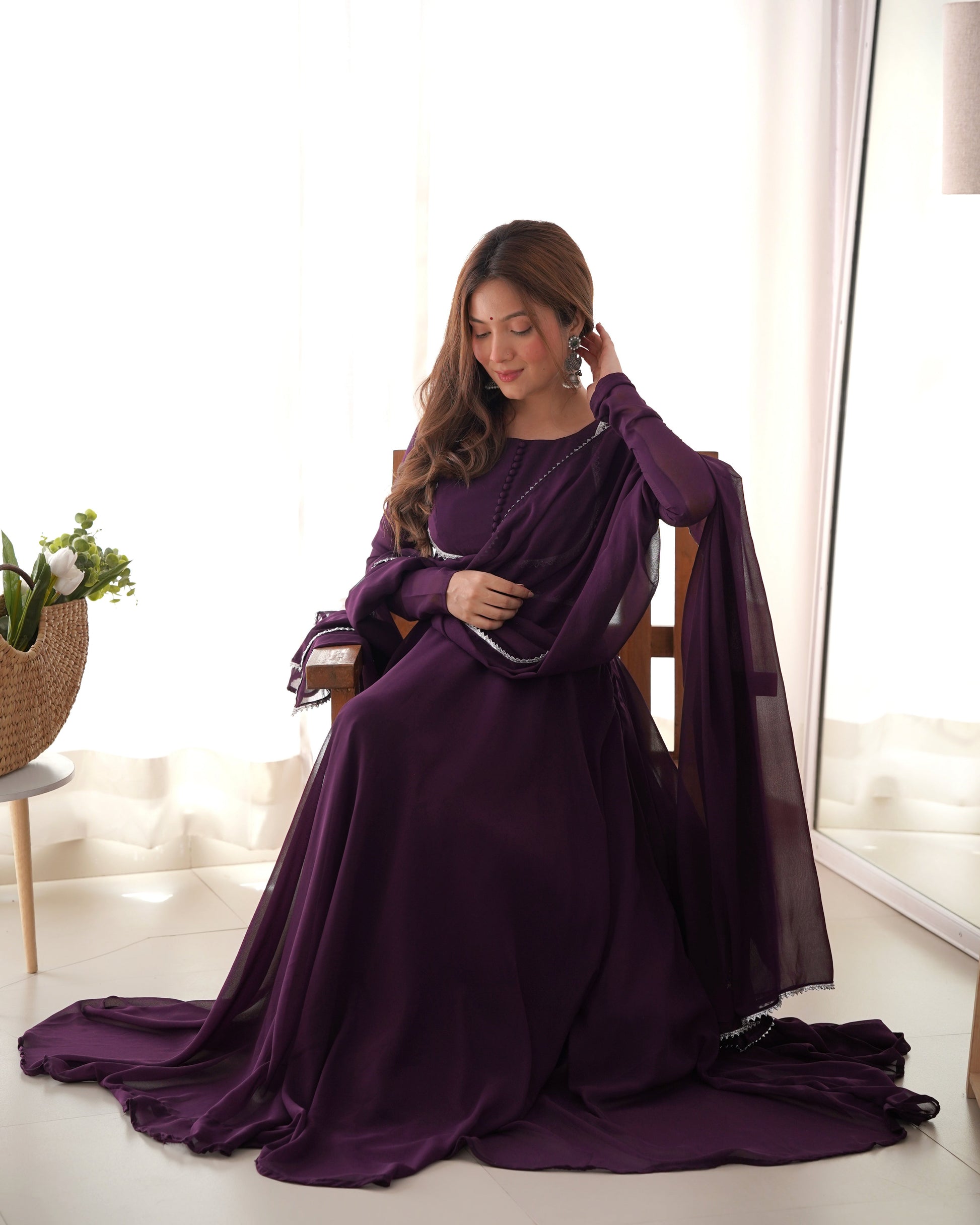 Fetching Faux Georgette Fancy Neck Anarkali Pant Suit - INDIAN ELEGANCE