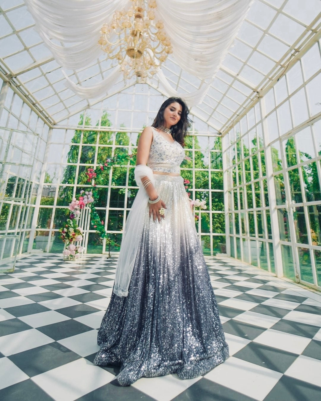 Silver Grey Shaded Georgette Silk Lehenga with Sequin Work & Net Dupatta.