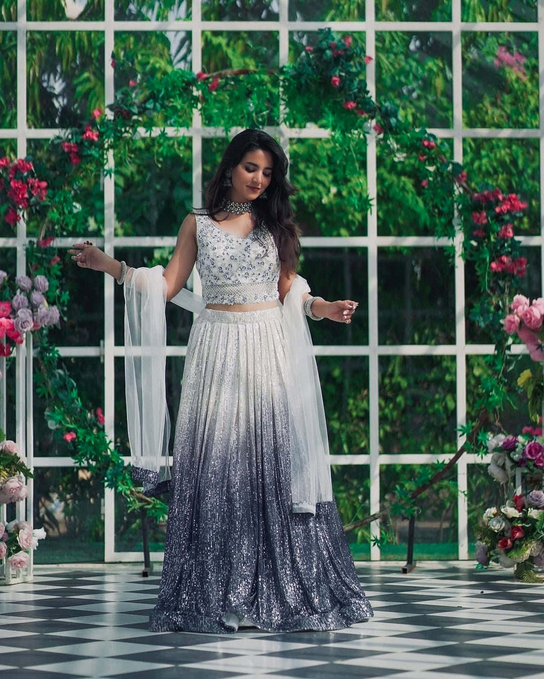 Silver Grey Shaded Georgette Silk Lehenga with Sequin Work & Net Dupatta.