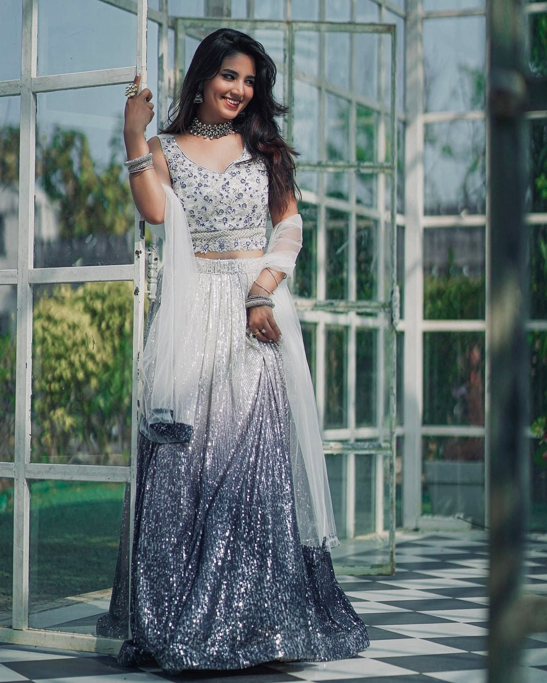 Silver Grey Shaded Georgette Silk Lehenga with Sequin Work & Net Dupatta.