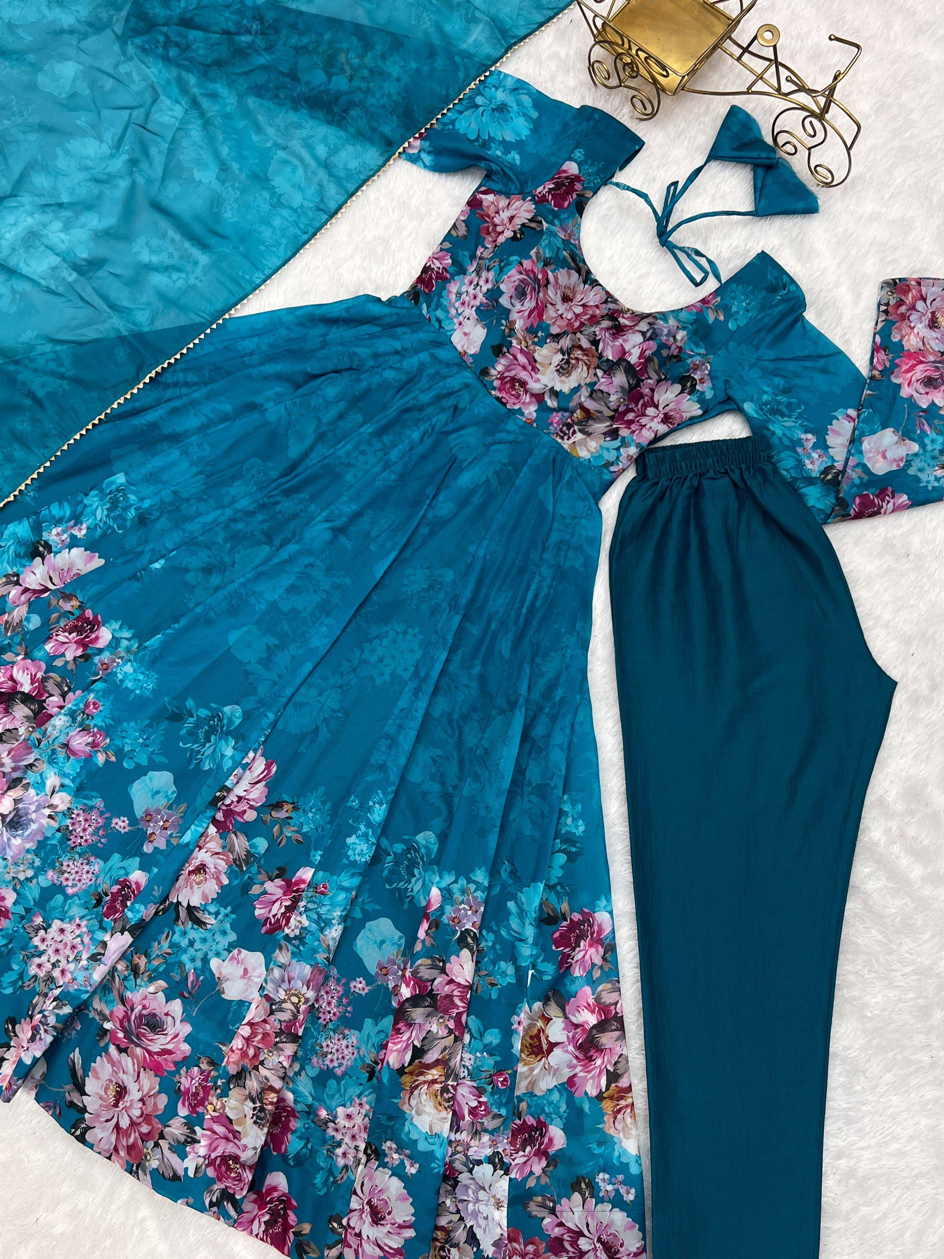 Lovely Organza Silk Floral Digital Printed Anarkali Pant Suit - INDIAN ELEGANCE