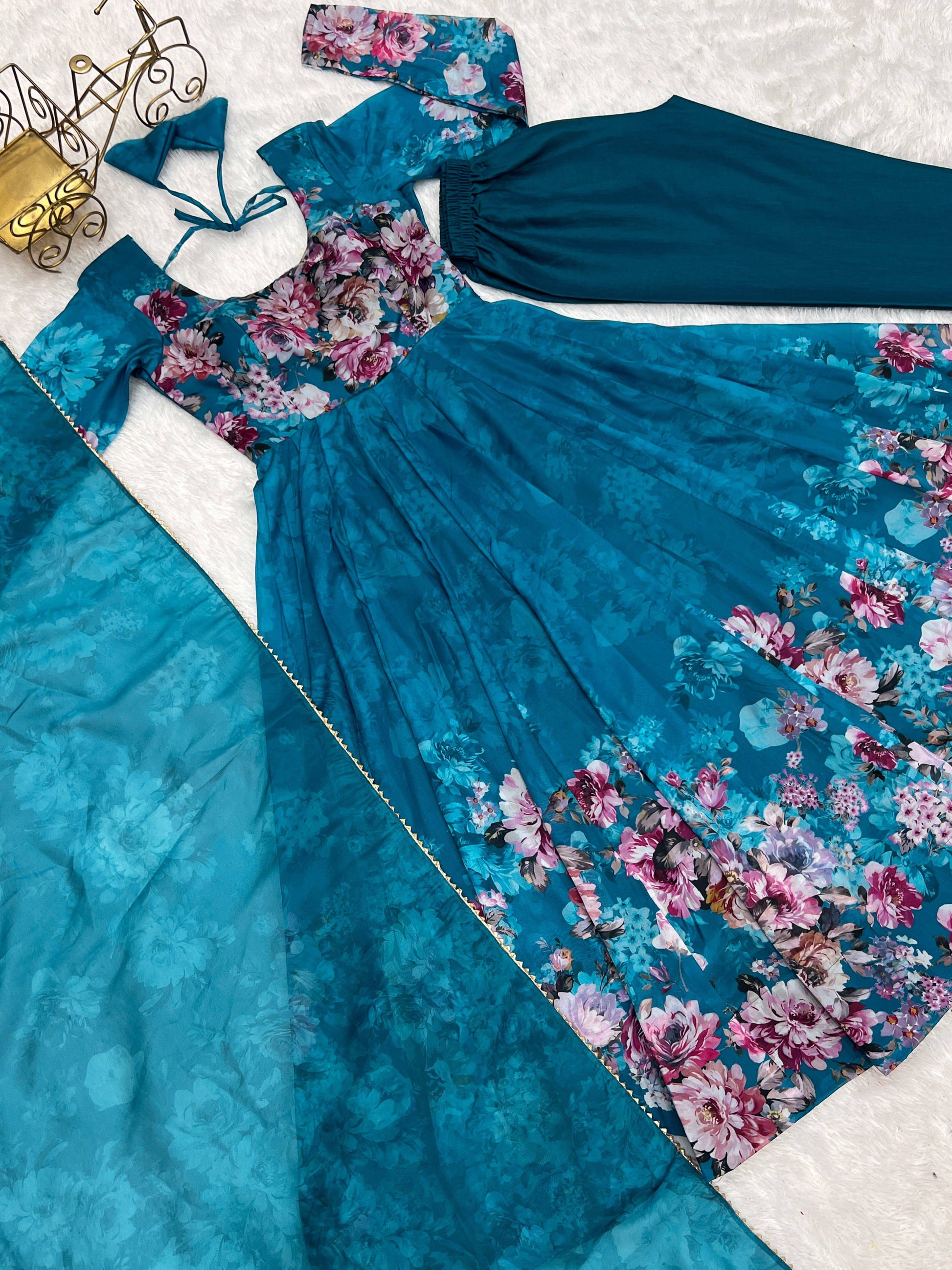 Lovely Organza Silk Floral Digital Printed Anarkali Pant Suit - INDIAN ELEGANCE