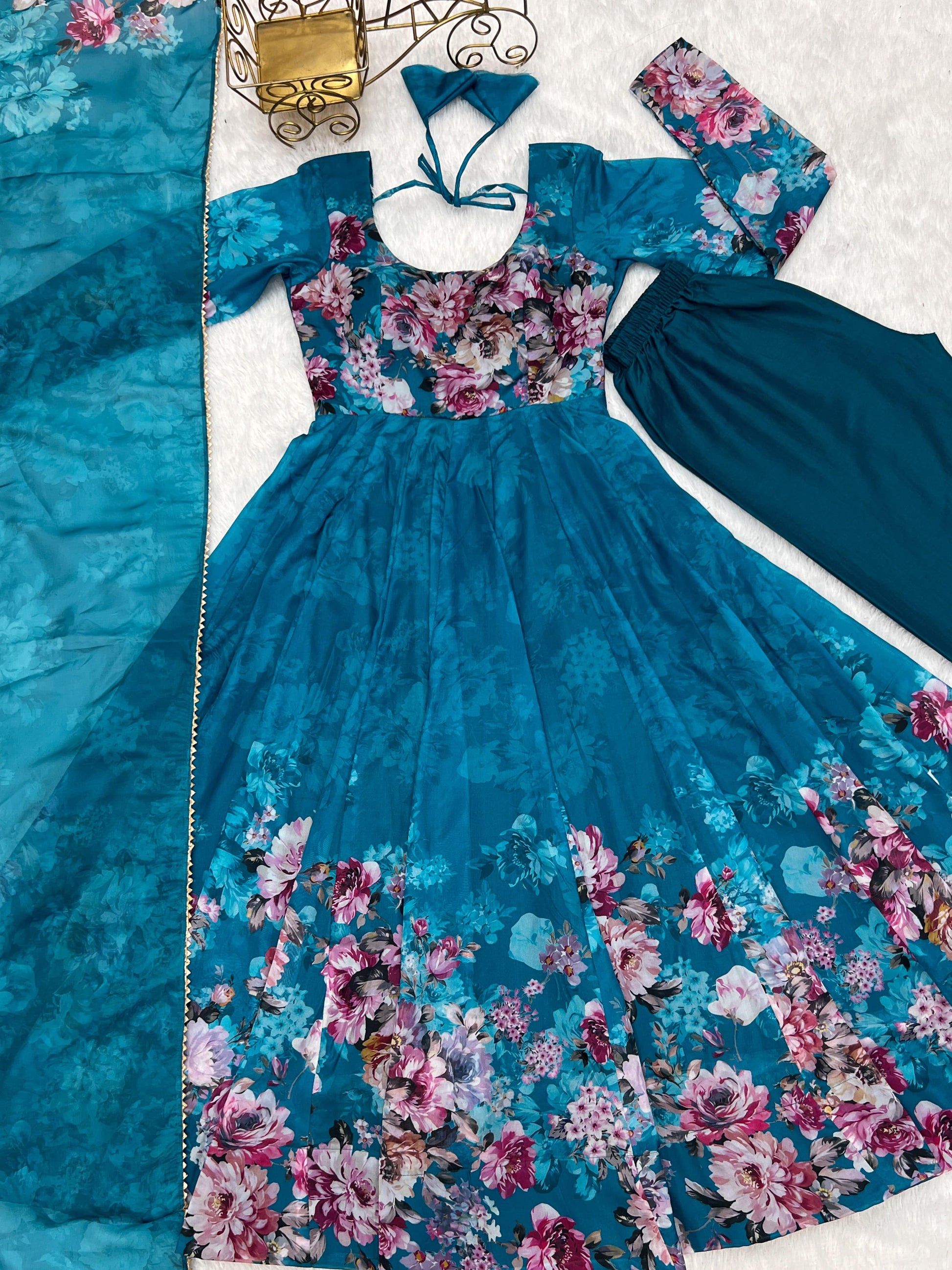 Lovely Organza Silk Floral Digital Printed Anarkali Pant Suit - INDIAN ELEGANCE