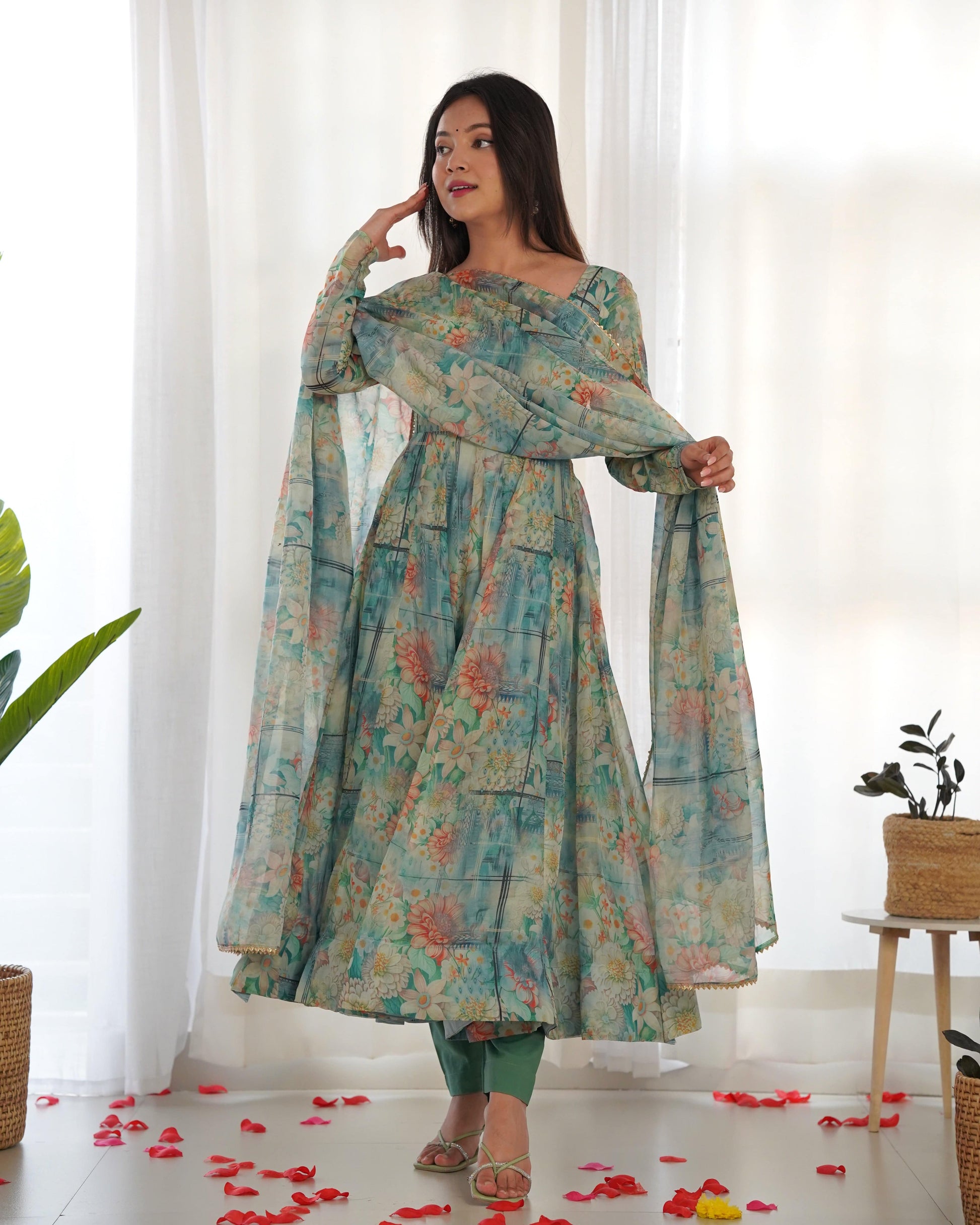 Graceful Organza Silk Intricate Printed Fully Stitched Anarkali Pant Suit - INDIAN ELEGANCE