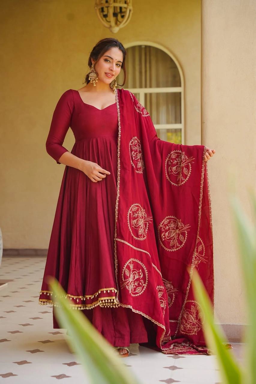 Premium Maroon Anarkali Suit Set in Roman Silk with Palazzo & Embroidered Chanderi Dupatta