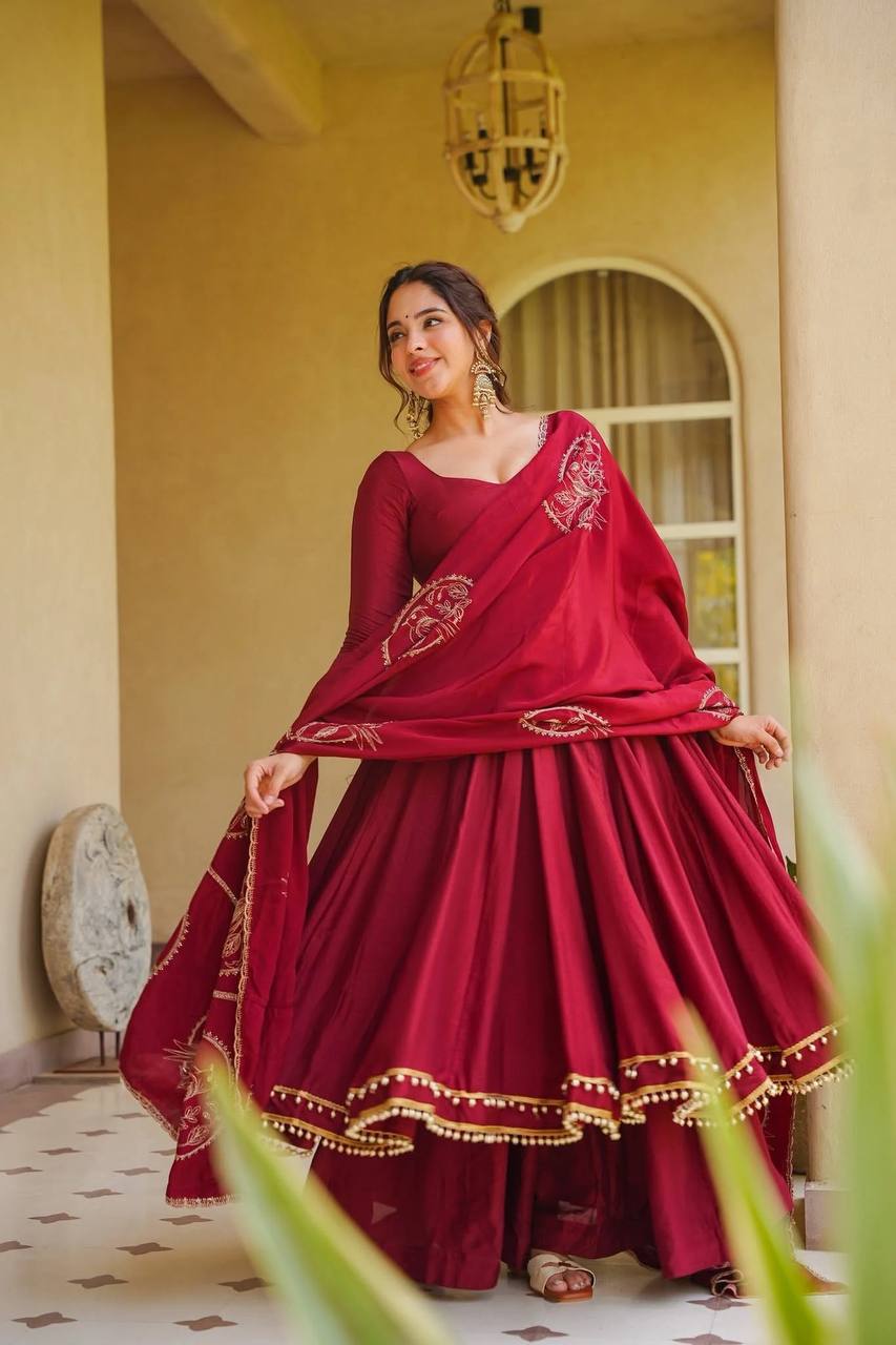 Premium Maroon Anarkali Suit Set in Roman Silk with Palazzo & Embroidered Chanderi Dupatta