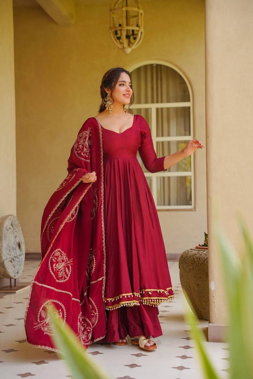 Premium Maroon Anarkali Suit Set in Roman Silk with Palazzo & Embroidered Chanderi Dupatta