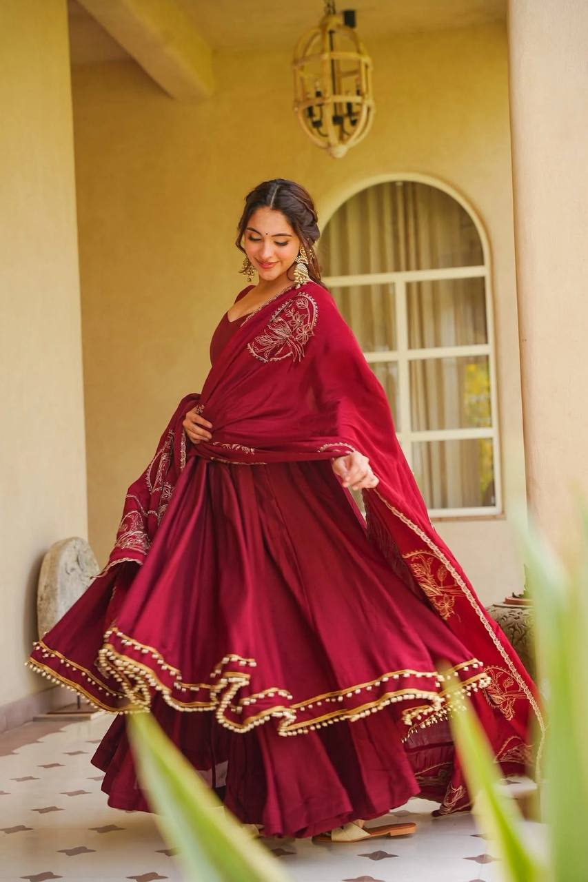 Premium Maroon Anarkali Suit Set in Roman Silk with Palazzo & Embroidered Chanderi Dupatta