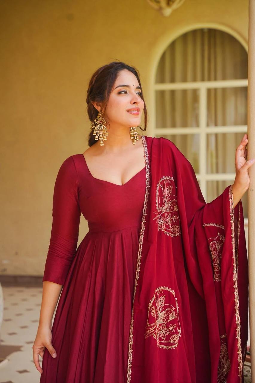 Premium Maroon Anarkali Suit Set in Roman Silk with Palazzo & Embroidered Chanderi Dupatta