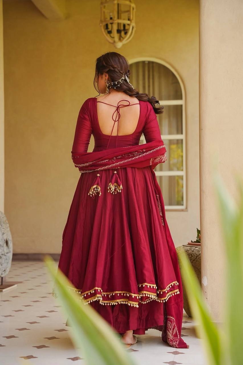 Premium Maroon Anarkali Suit Set in Roman Silk with Palazzo & Embroidered Chanderi Dupatta