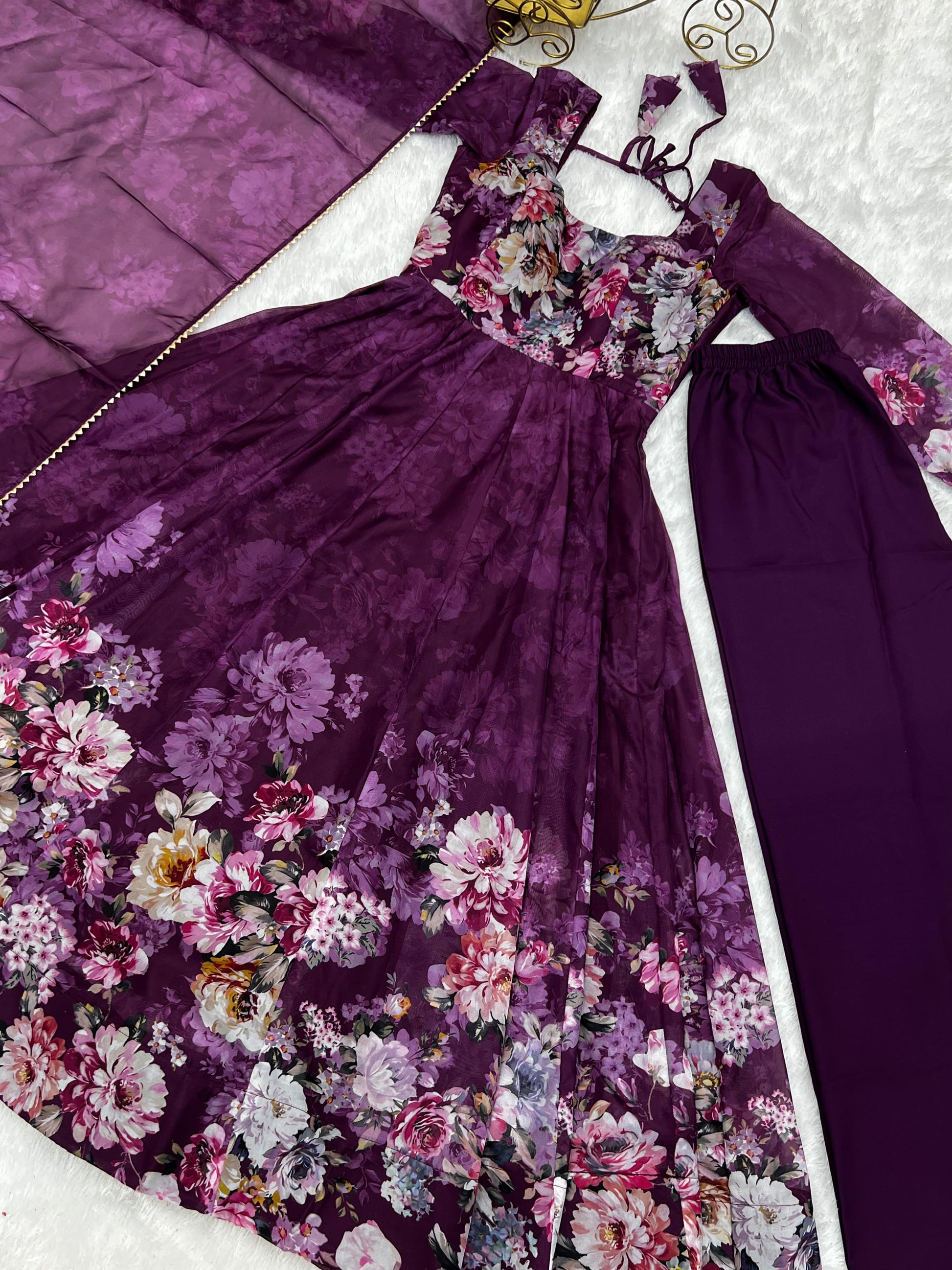Lovely Organza Silk Floral Digital Printed Anarkali Pant Suit - INDIAN ELEGANCE