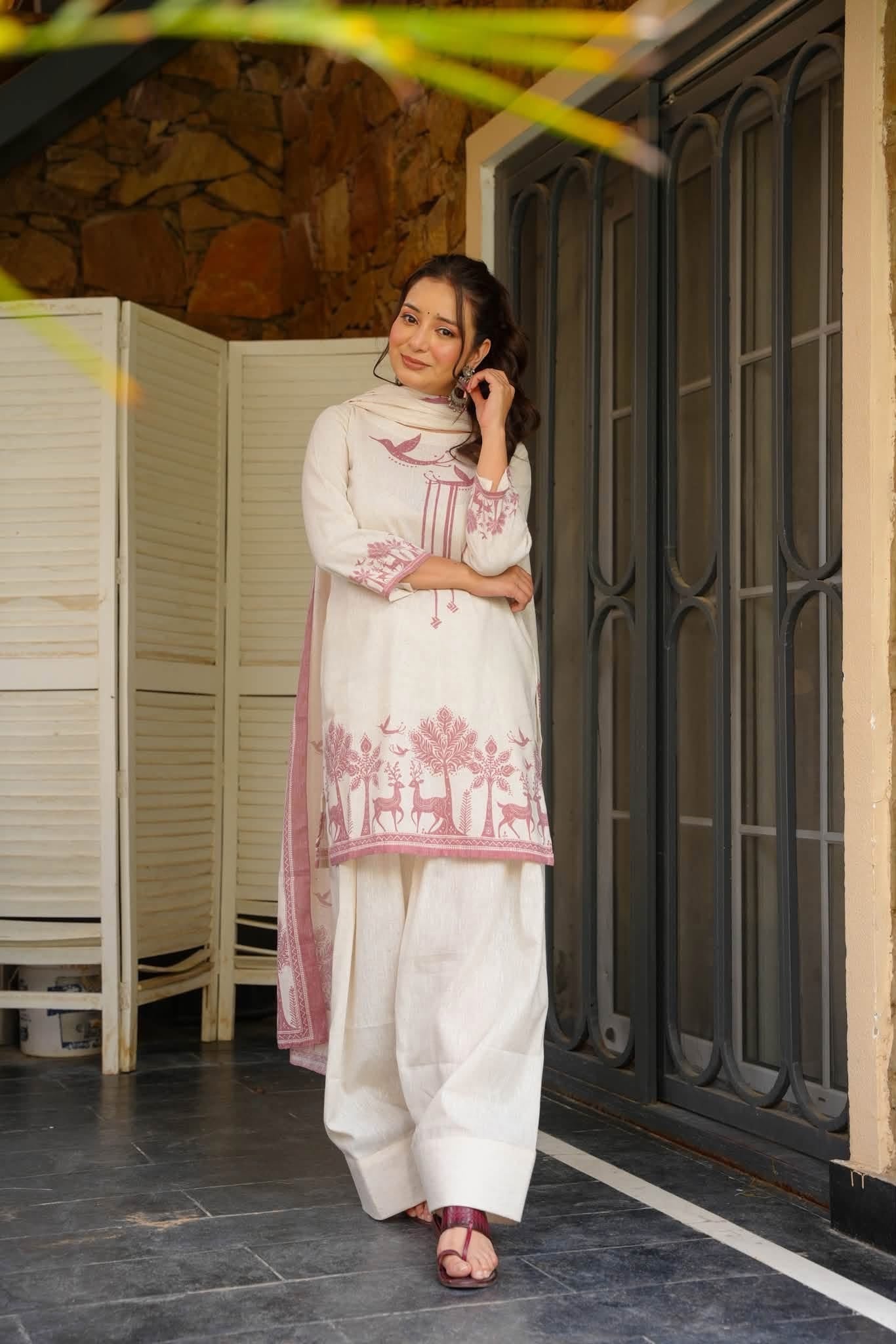 Off White Printed Cambric Cotton Kurta Set for Women with Farshi Salwar & Dupatta | Festive & Casual Wear