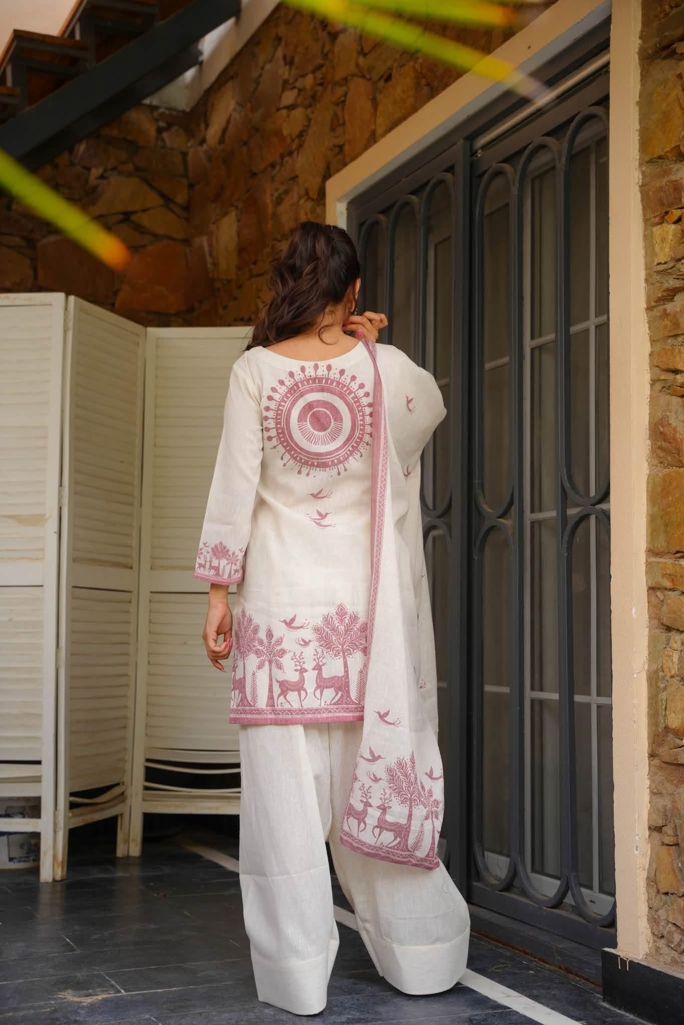 Off White Printed Cambric Cotton Kurta Set for Women with Farshi Salwar & Dupatta | Festive & Casual Wear
