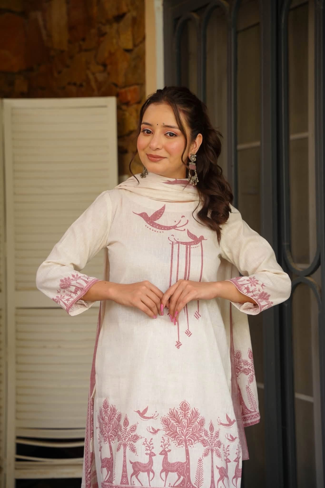 Off White Printed Cambric Cotton Kurta Set for Women with Farshi Salwar & Dupatta | Festive & Casual Wear