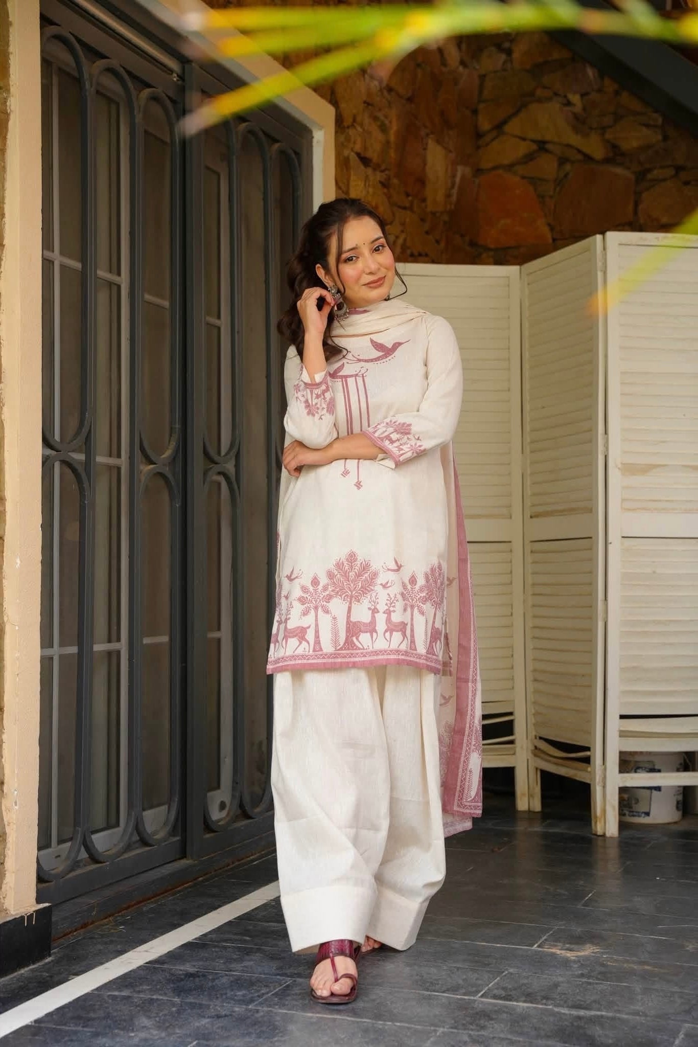 Off White Printed Cambric Cotton Kurta Set for Women with Farshi Salwar & Dupatta | Festive & Casual Wear