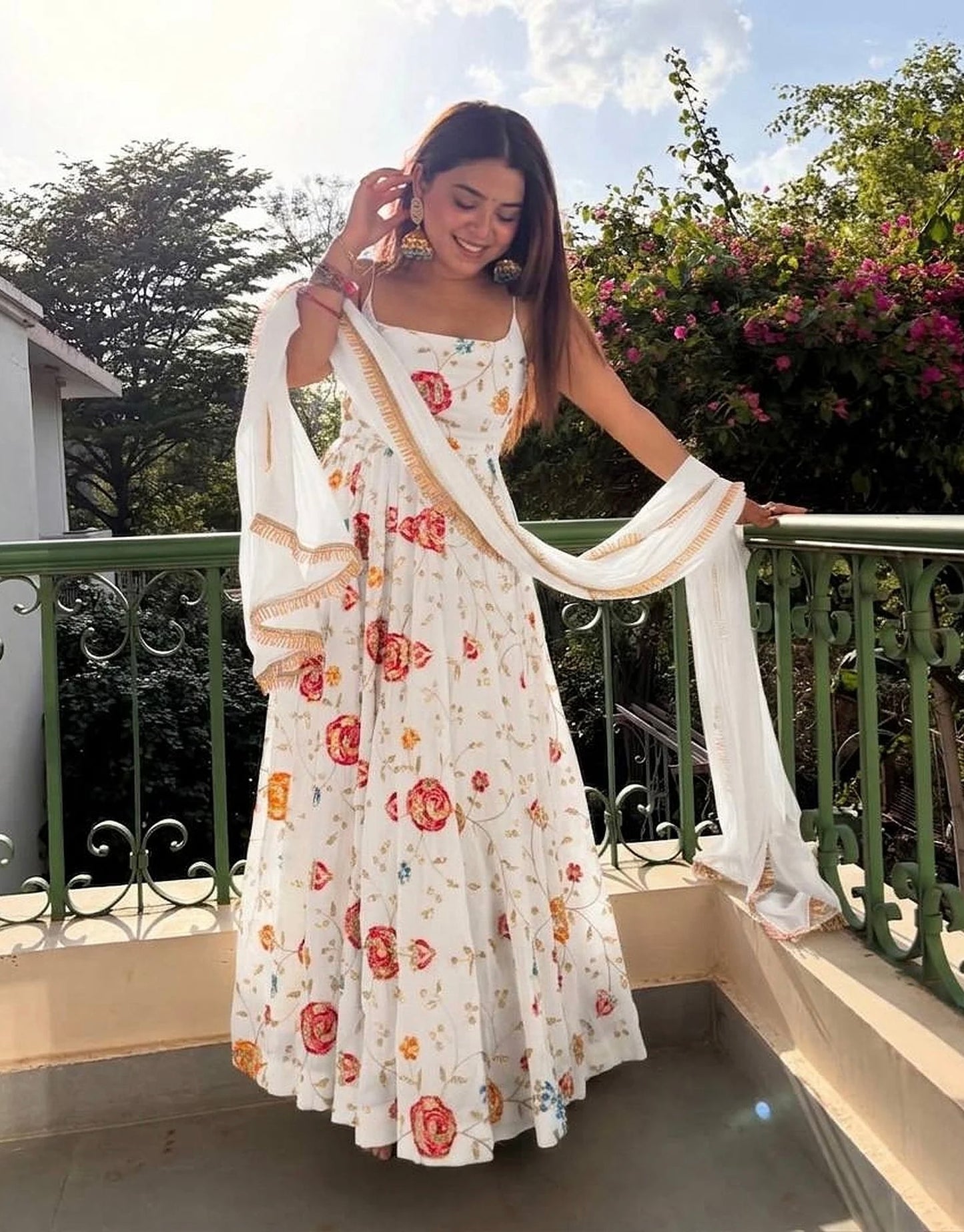Designer Ivory Floral Vichitra Silk Anarkali Suit Set | Wedding & Party Wear