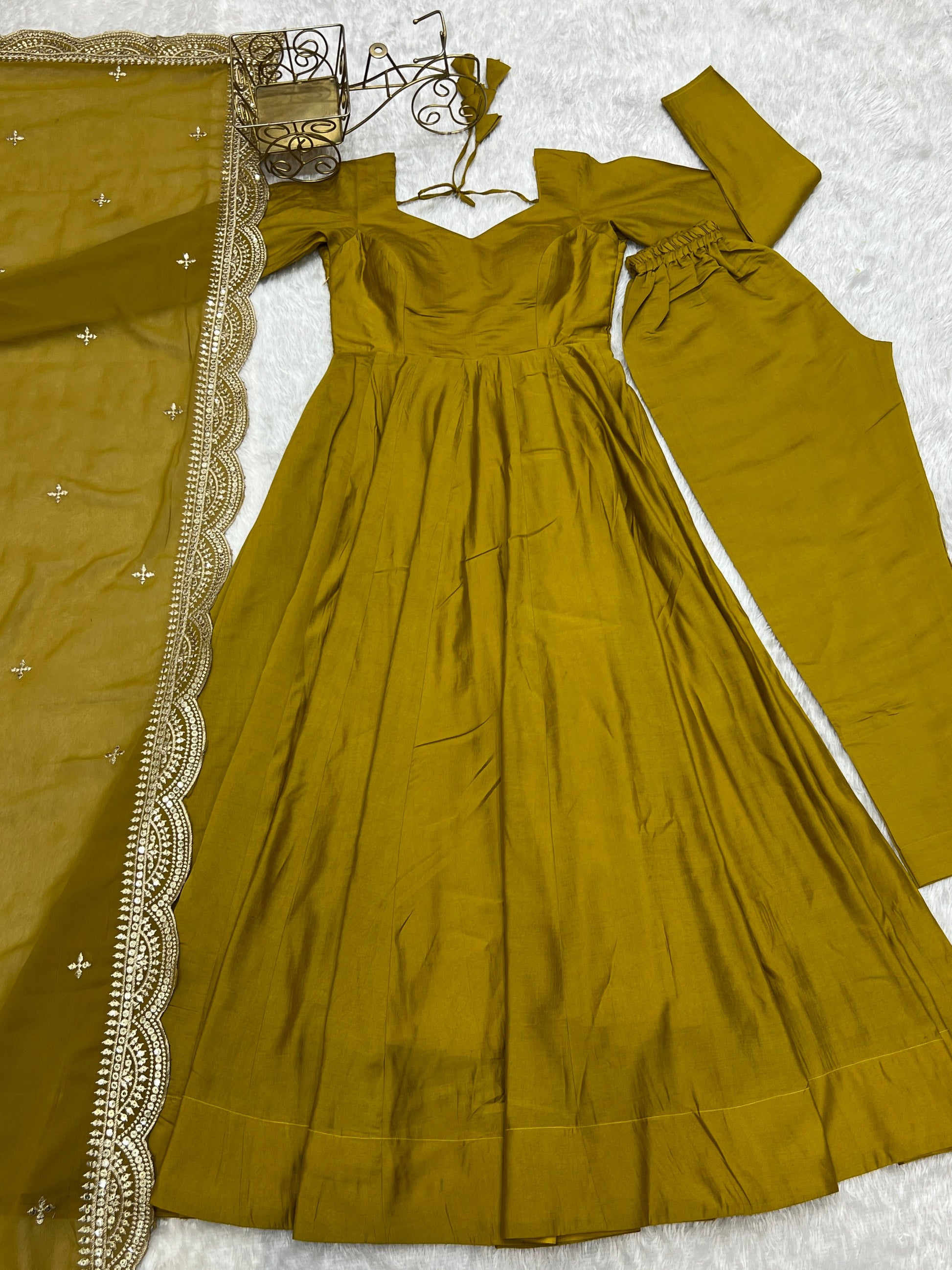 Exquisite Pure Romansilk Chanderi Designer Anarkali Pant Suit - INDIAN ELEGANCE