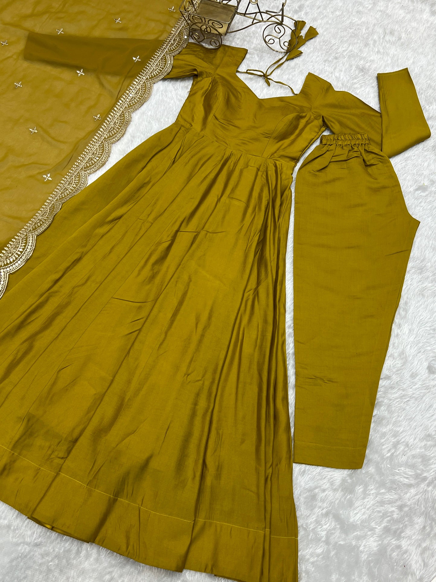 Exquisite Pure Romansilk Chanderi Designer Anarkali Pant Suit - INDIAN ELEGANCE