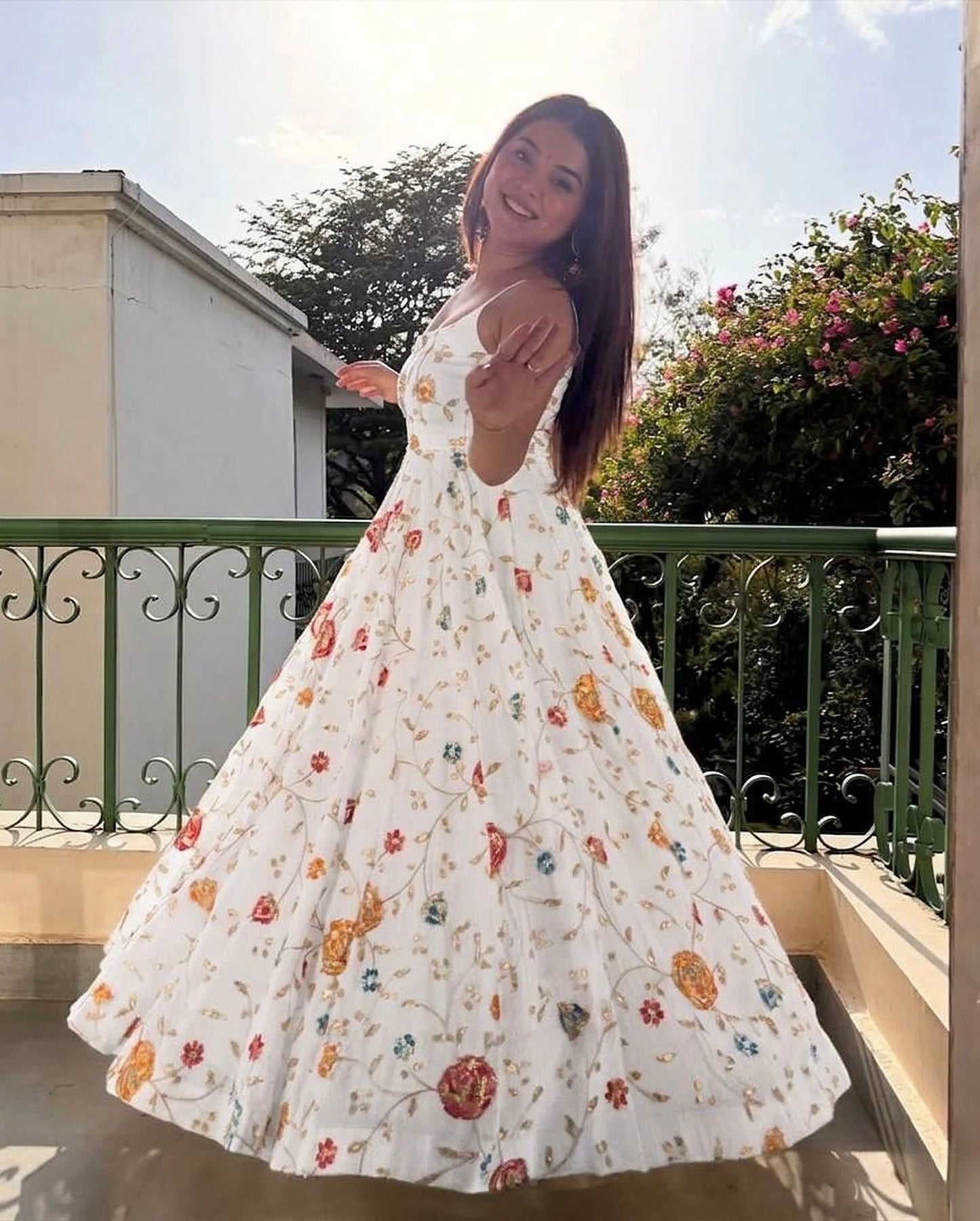 Designer Ivory Floral Vichitra Silk Anarkali Suit Set | Wedding & Party Wear