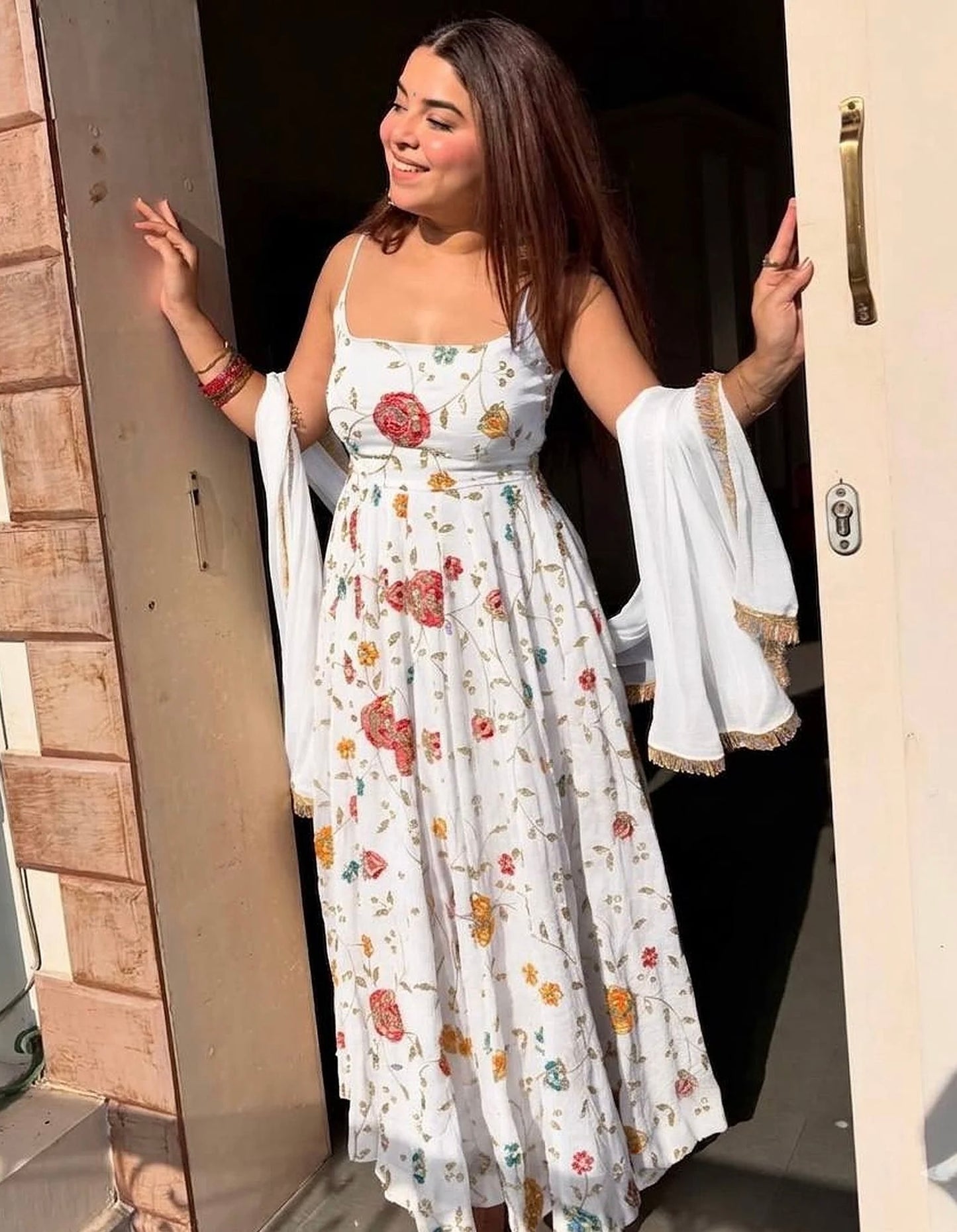 Designer Ivory Floral Vichitra Silk Anarkali Suit Set | Wedding & Party Wear