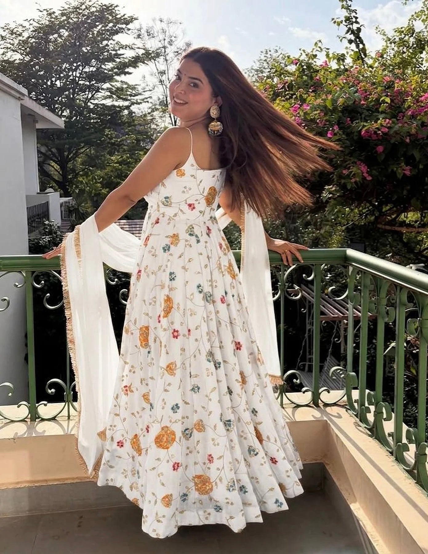 Designer Ivory Floral Vichitra Silk Anarkali Suit Set | Wedding & Party Wear