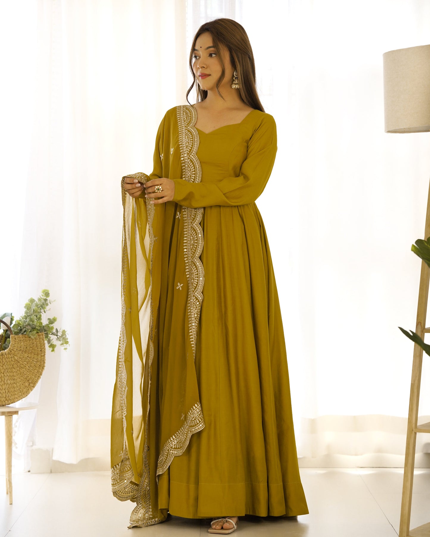 Exquisite Pure Romansilk Chanderi Designer Anarkali Pant Suit - INDIAN ELEGANCE