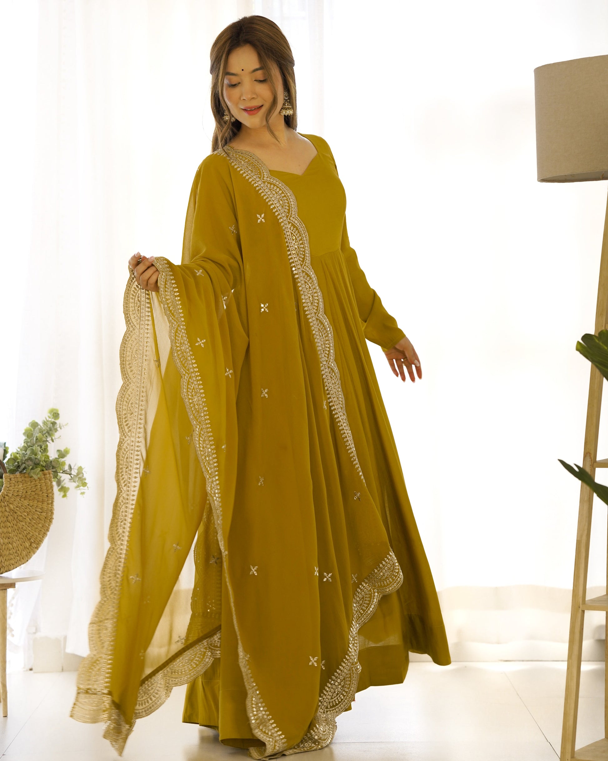 Exquisite Pure Romansilk Chanderi Designer Anarkali Pant Suit - INDIAN ELEGANCE