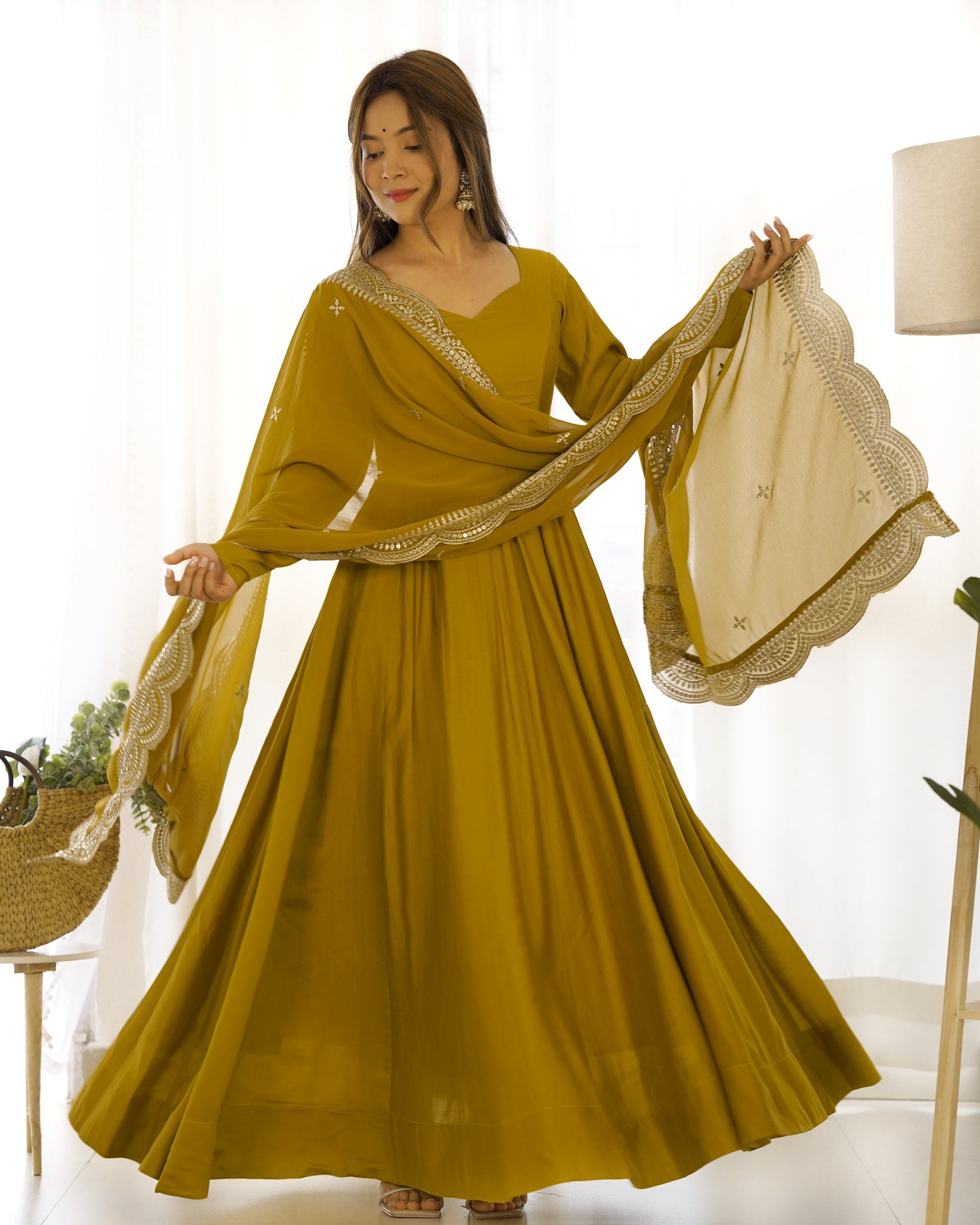 Exquisite Pure Romansilk Chanderi Designer Anarkali Pant Suit - INDIAN ELEGANCE