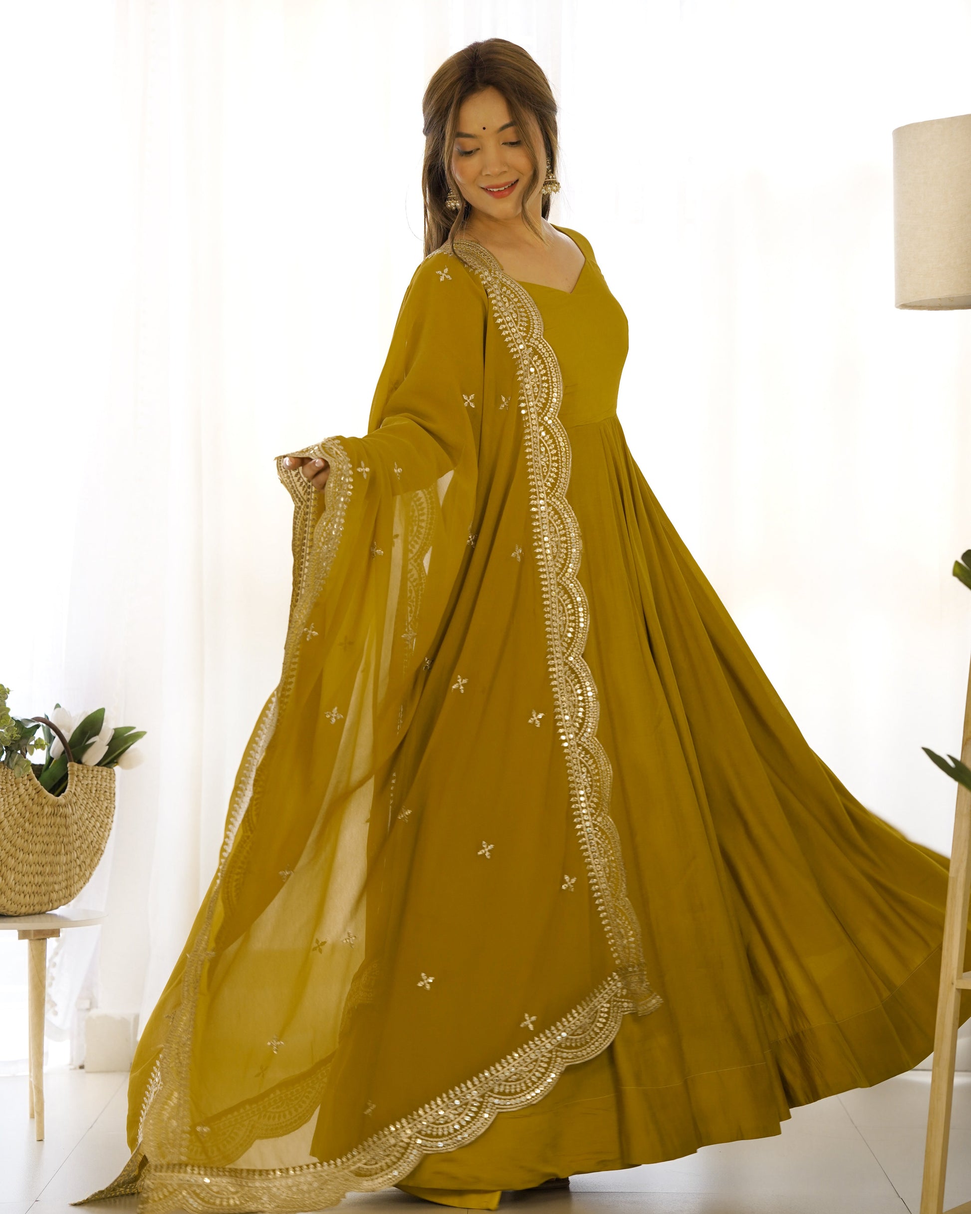 Exquisite Pure Romansilk Chanderi Designer Anarkali Pant Suit - INDIAN ELEGANCE