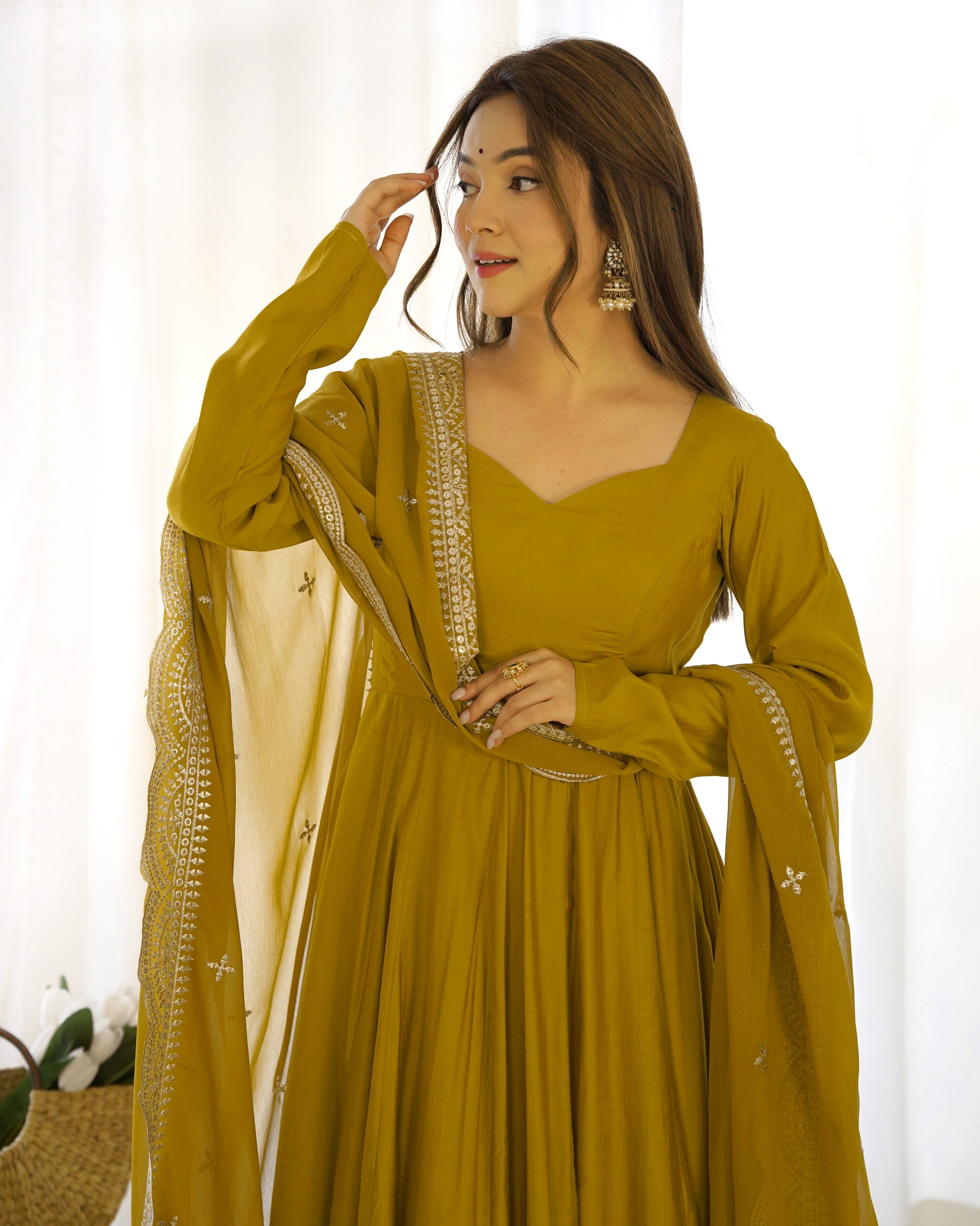 Exquisite Pure Romansilk Chanderi Designer Anarkali Pant Suit - INDIAN ELEGANCE