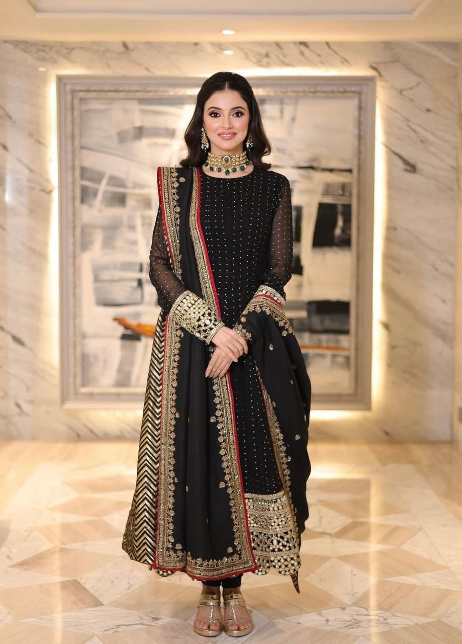 Luxury Black Faux Blooming Embroidered Anarkali Suit Set with Pant & Dupatta | Zari 3/9mm Sequins