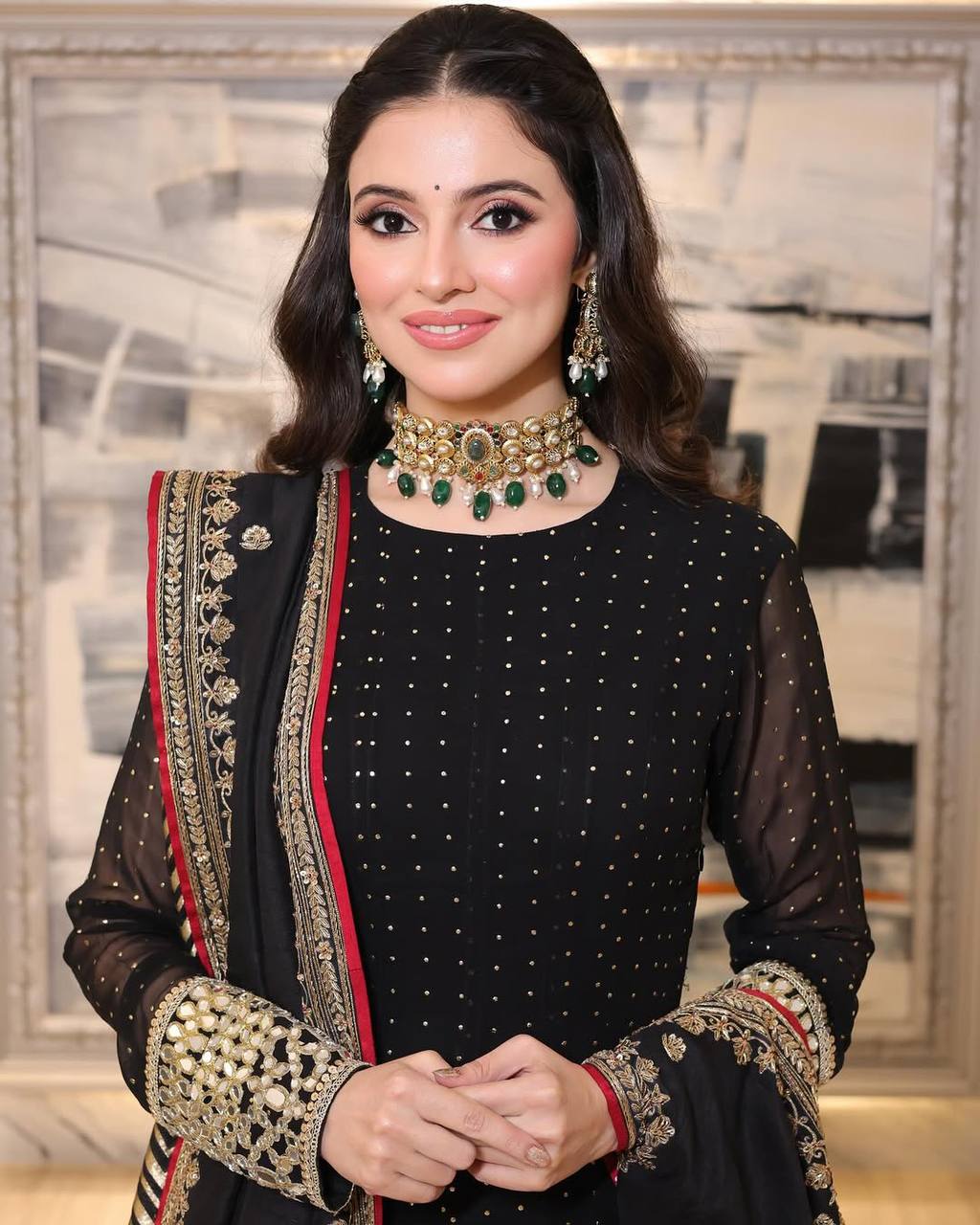 Luxury Black Faux Blooming Embroidered Anarkali Suit Set with Pant & Dupatta | Zari 3/9mm Sequins