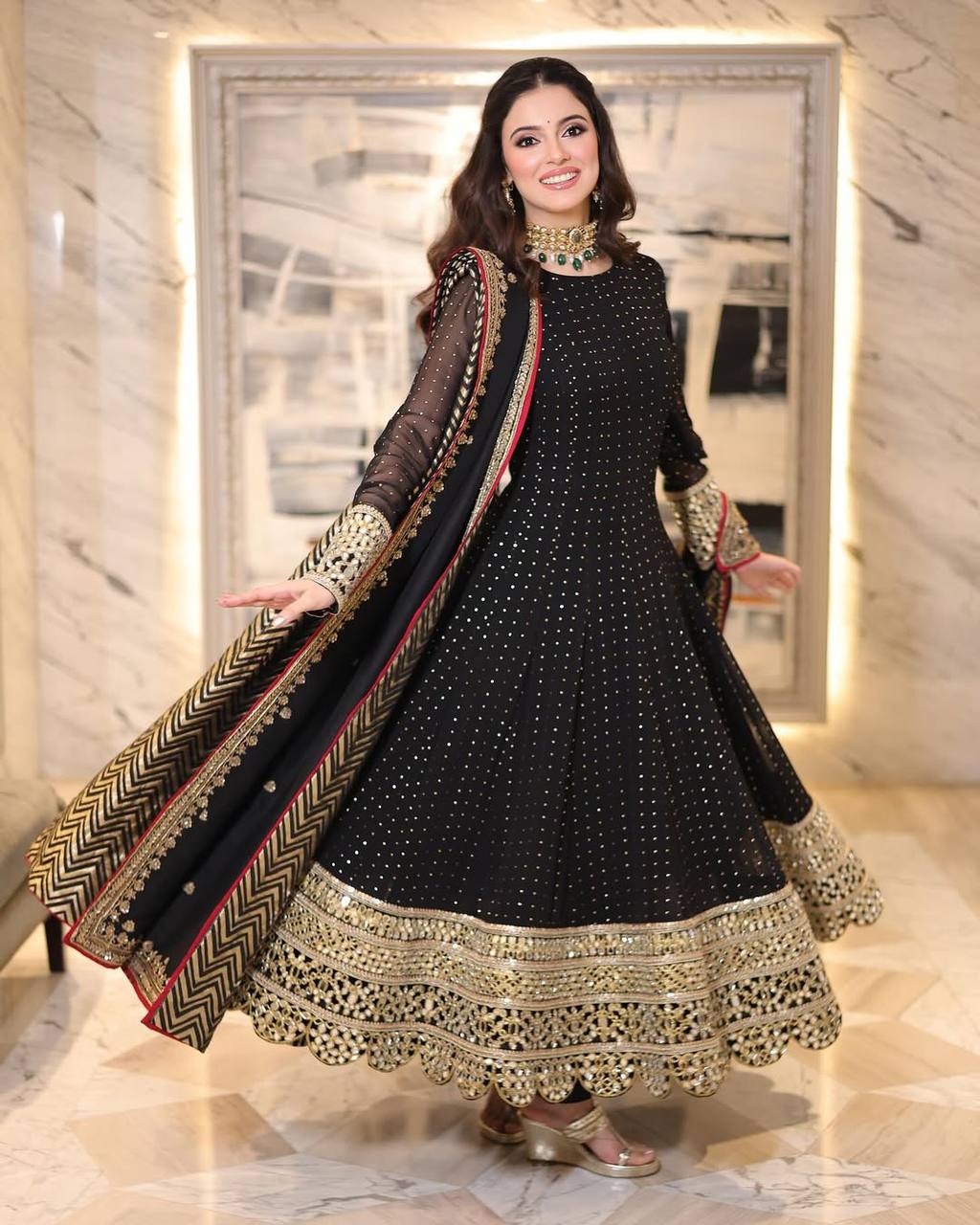 Luxury Black Faux Blooming Embroidered Anarkali Suit Set with Pant & Dupatta | Zari 3/9mm Sequins