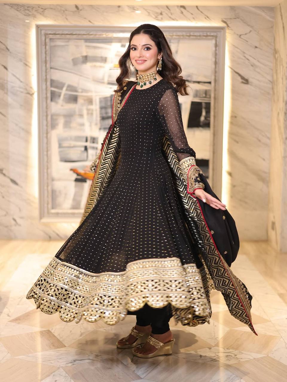 Luxury Black Faux Blooming Embroidered Anarkali Suit Set with Pant & Dupatta | Zari 3/9mm Sequins