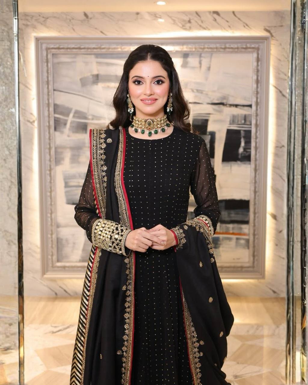 Luxury Black Faux Blooming Embroidered Anarkali Suit Set with Pant & Dupatta | Zari 3/9mm Sequins