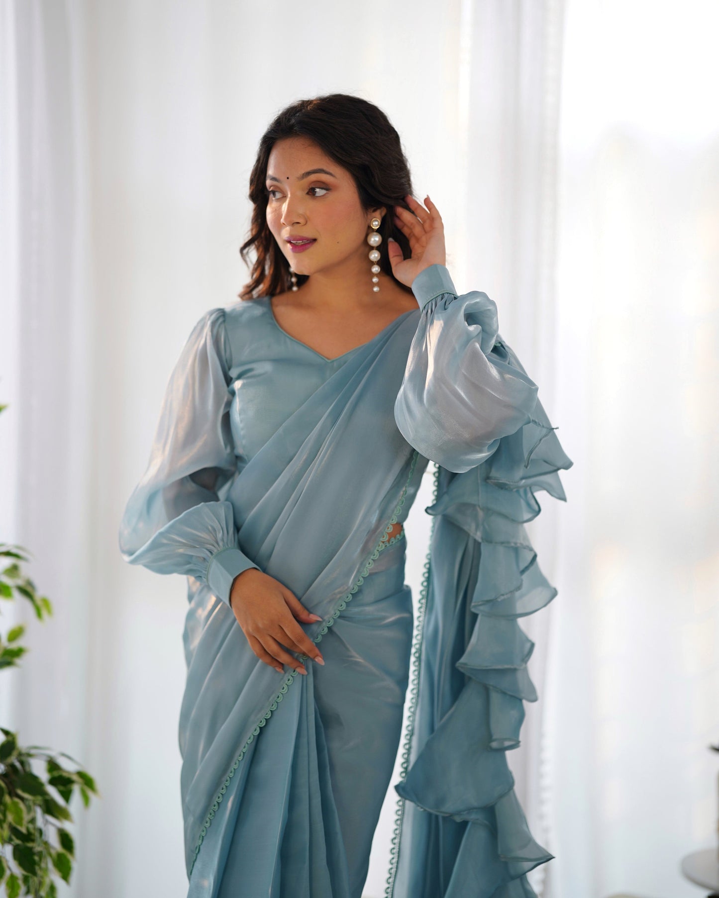 Alluring Jimmi Organza Silk Fully Stitched Ready To Wear Saree - INDIAN ELEGANCE