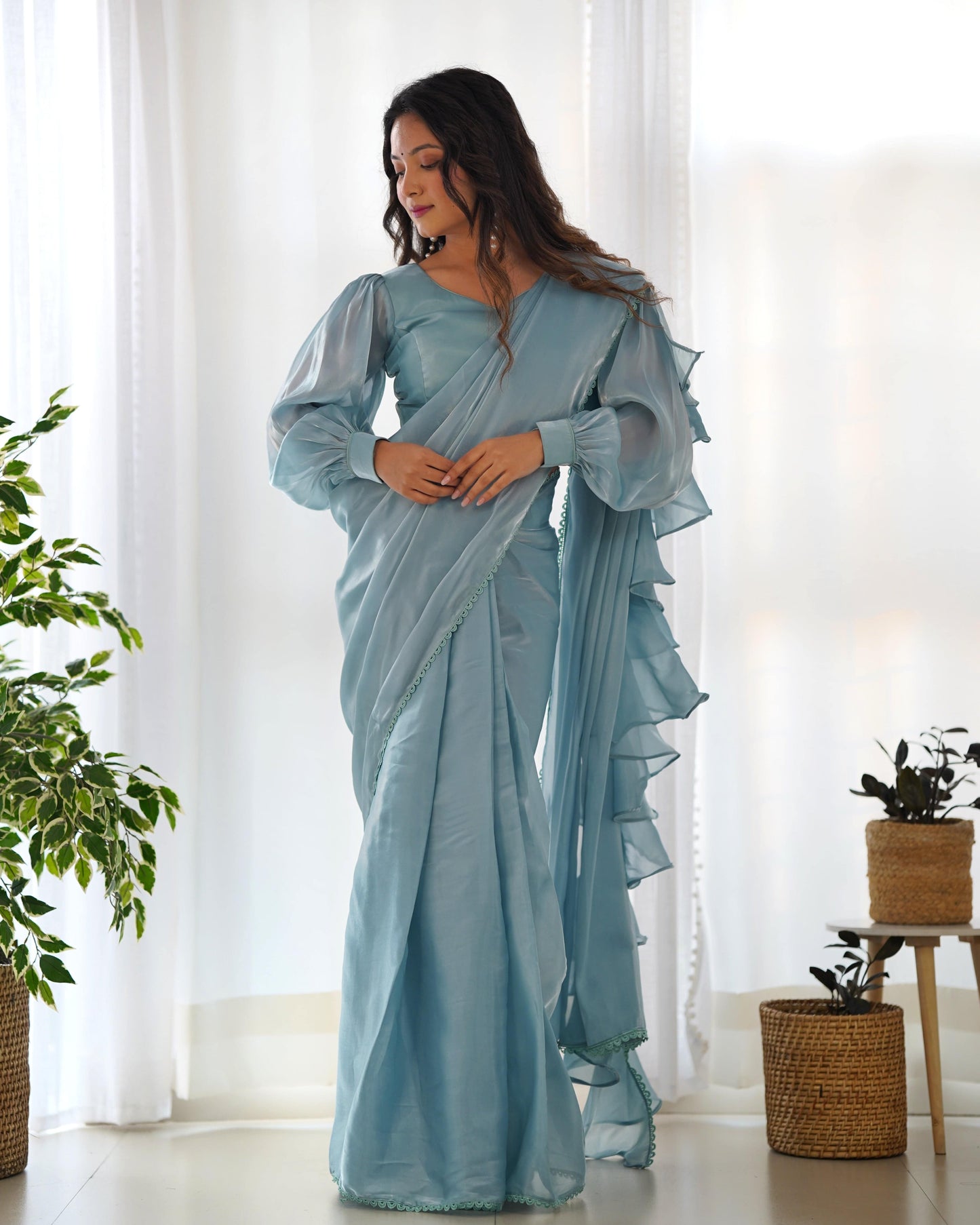 Alluring Jimmi Organza Silk Fully Stitched Ready To Wear Saree - INDIAN ELEGANCE