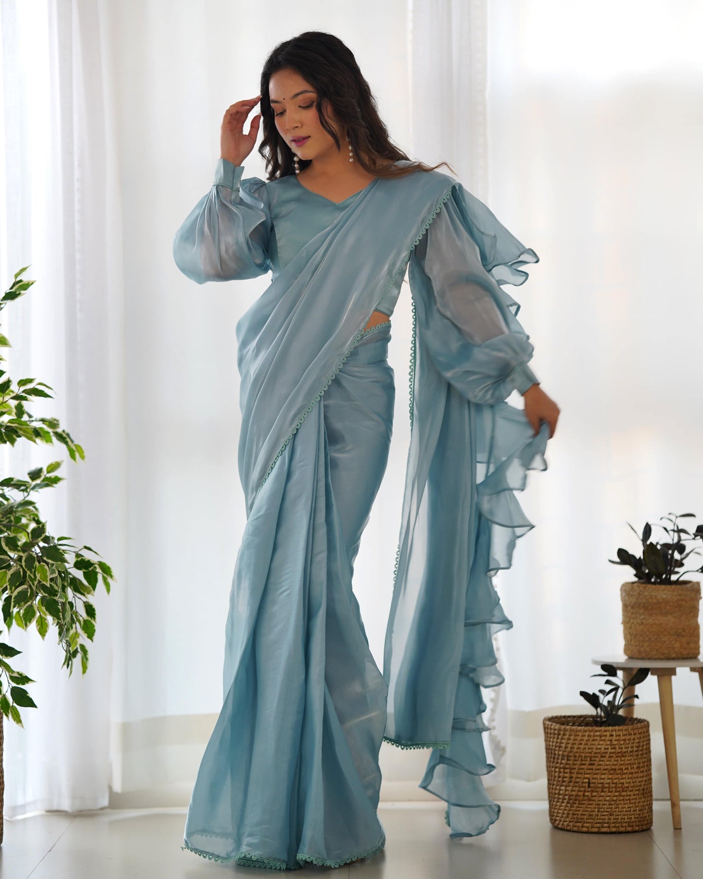 Alluring Jimmi Organza Silk Fully Stitched Ready To Wear Saree - INDIAN ELEGANCE