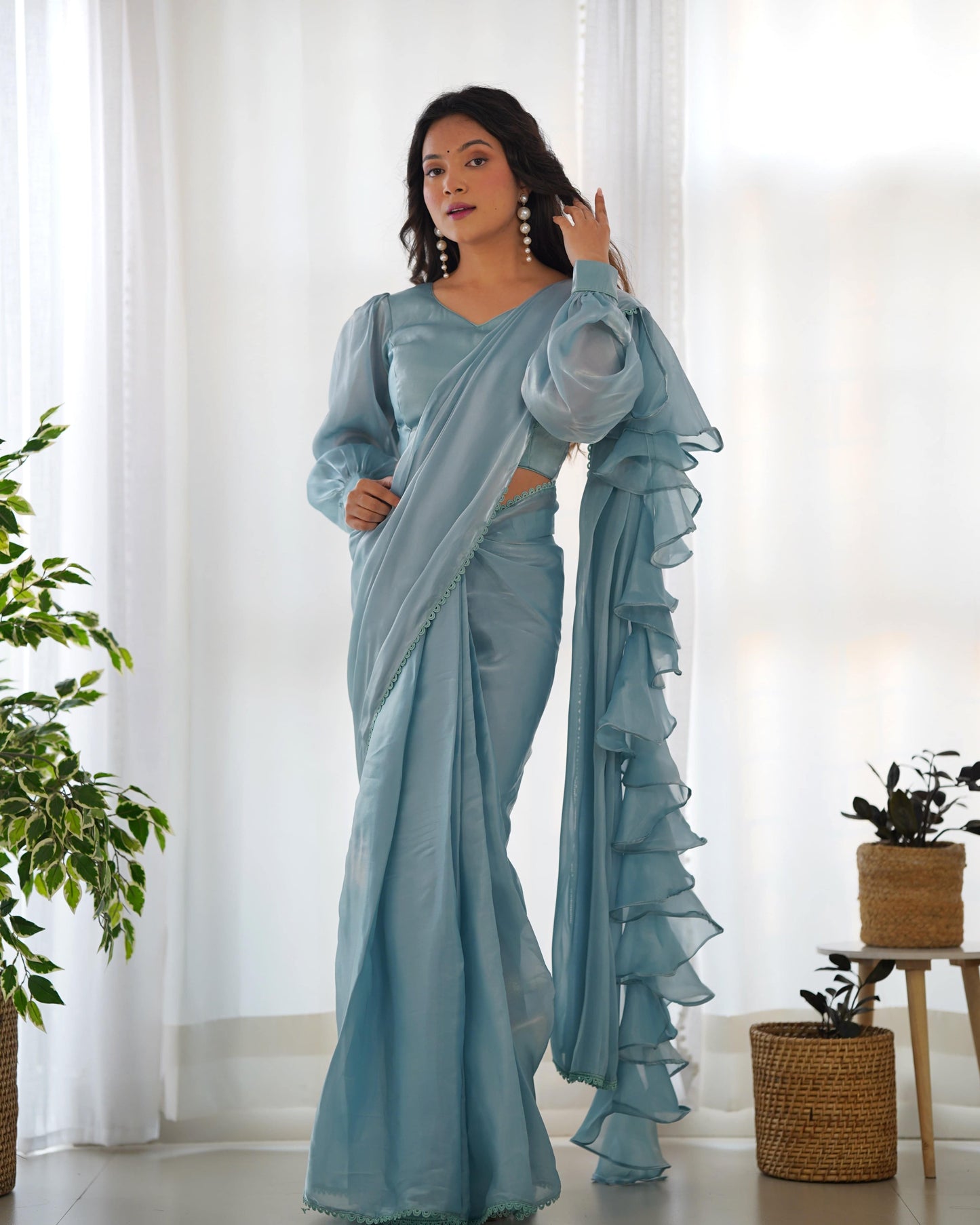 Alluring Jimmi Organza Silk Fully Stitched Ready To Wear Saree - INDIAN ELEGANCE