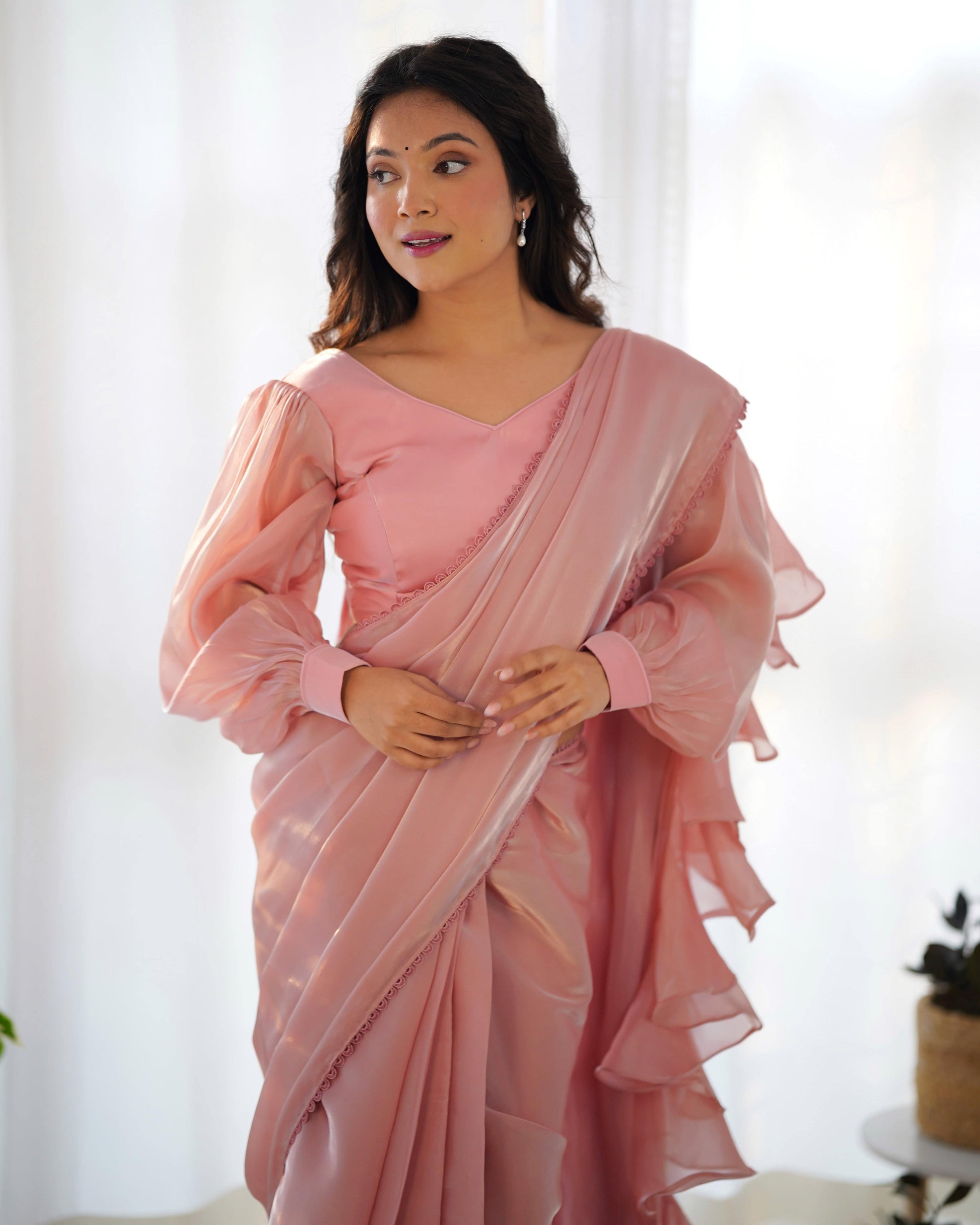 Alluring Jimmi Organza Silk Fully Stitched Ready To Wear Saree - INDIAN ELEGANCE