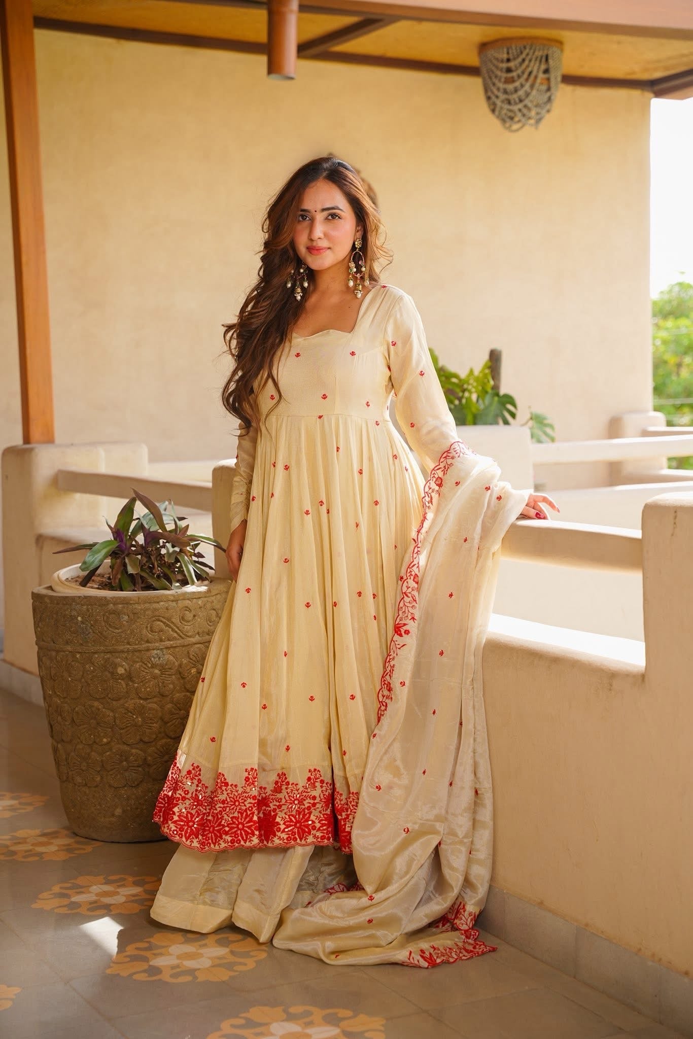 Designer Ivory Cream Heavy Silk Embroidered Gown Sharara Set for Women with Dupatta | XS-3XL | Wedding Party Wear
