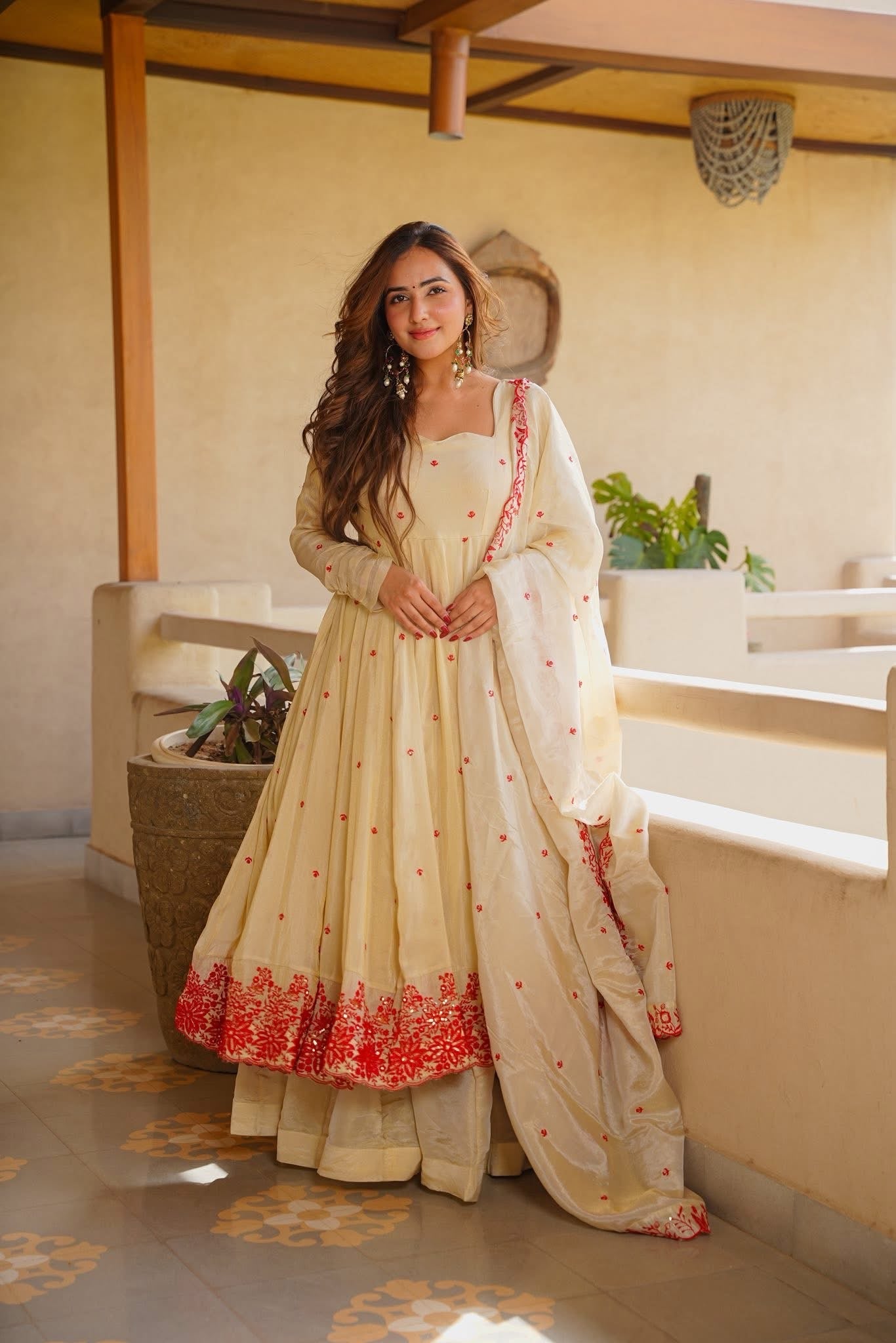 Designer Ivory Cream Heavy Silk Embroidered Gown Sharara Set for Women with Dupatta | XS-3XL | Wedding Party Wear