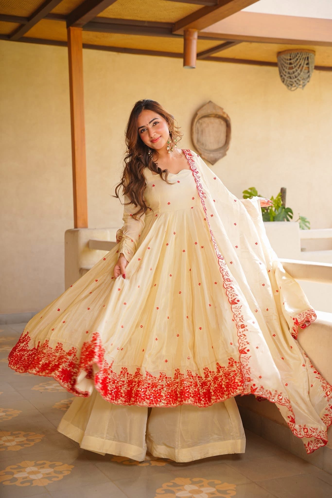 Designer Ivory Cream Heavy Silk Embroidered Gown Sharara Set for Women with Dupatta | XS-3XL | Wedding Party Wear