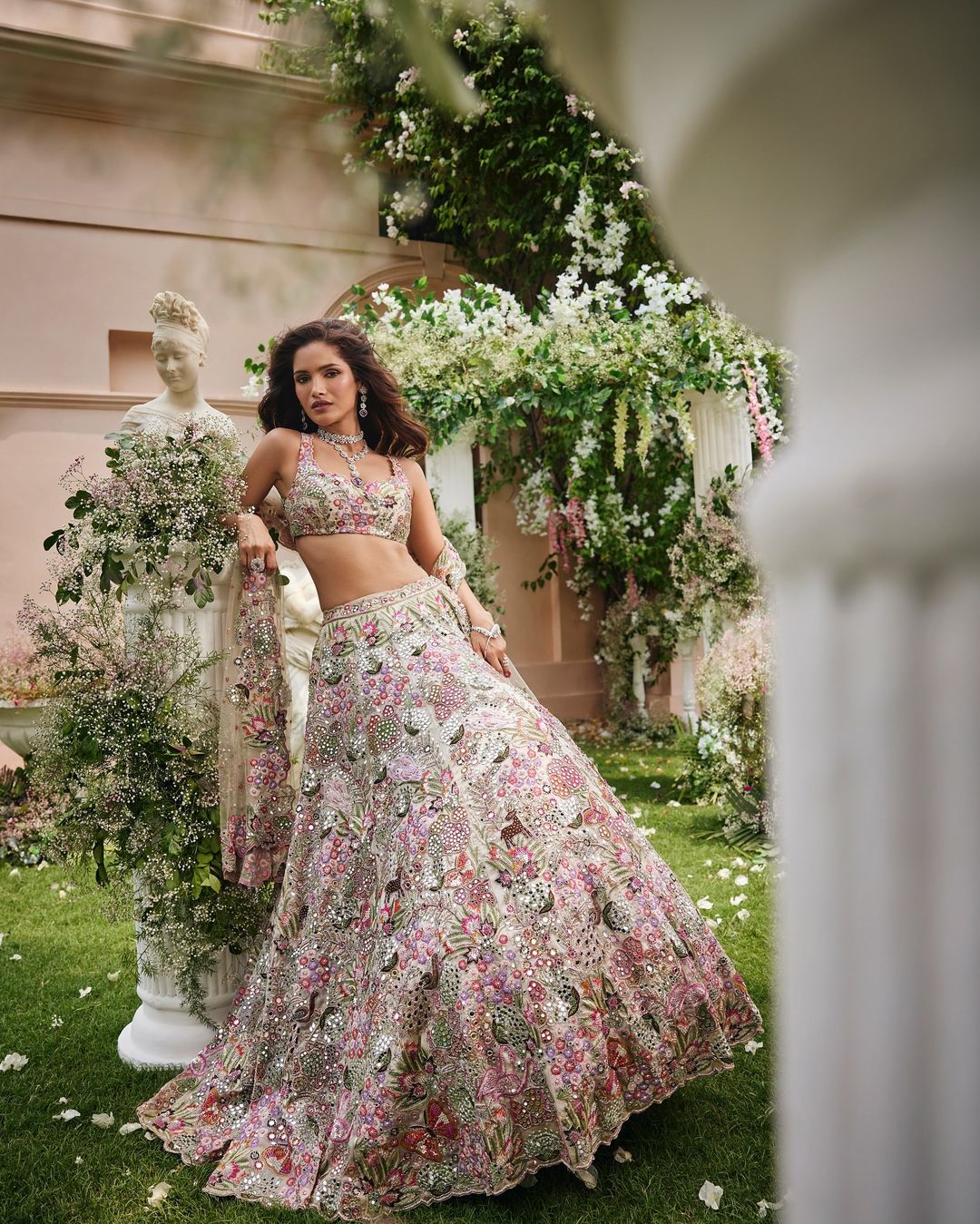 Ivory Multicolor Floral Embroidered Designer Lehenga Choli with Net Dupatta