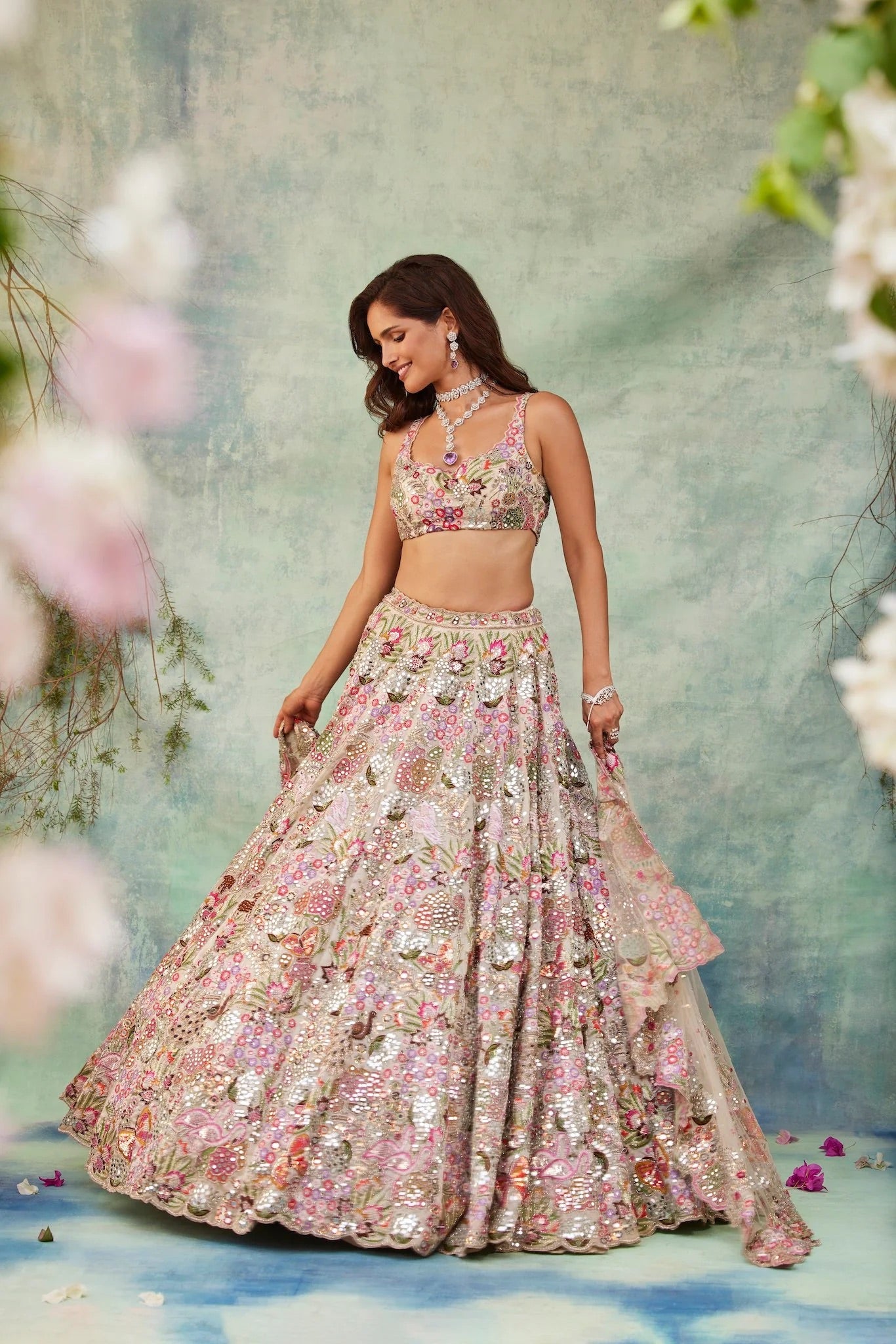 Ivory Multicolor Floral Embroidered Designer Lehenga Choli with Net Dupatta