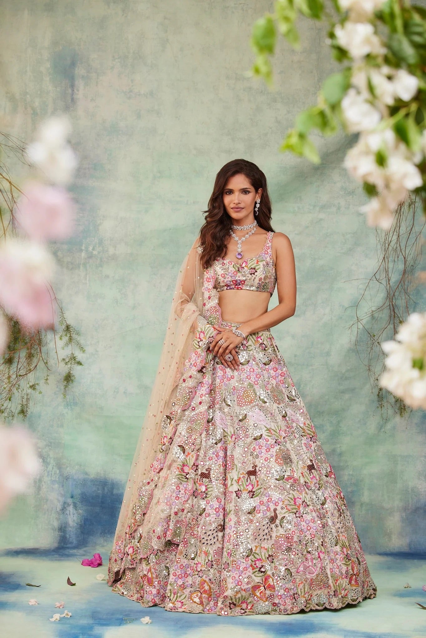 Ivory Multicolor Floral Embroidered Designer Lehenga Choli with Net Dupatta