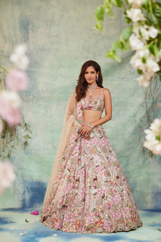 Ivory Multicolor Floral Embroidered Designer Lehenga Choli with Net Dupatta
