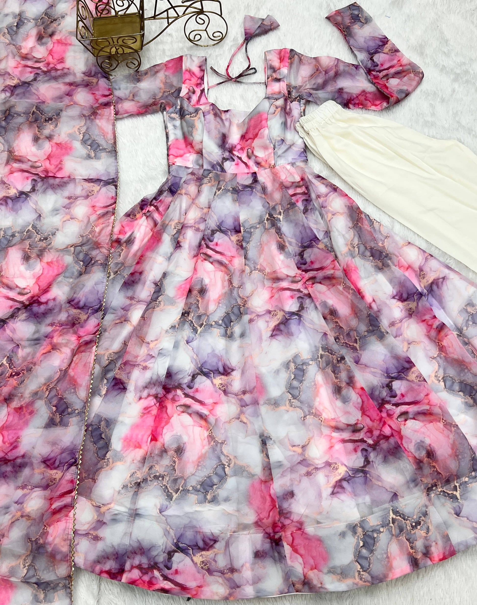 Graceful Organza Silk Floral Digital Printed Anarkali Pant Suit - INDIAN ELEGANCE