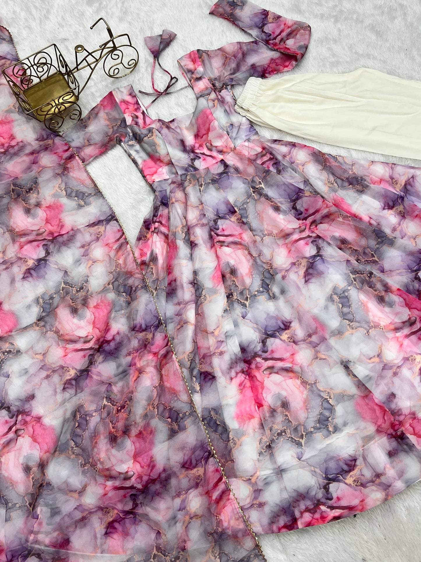 Graceful Organza Silk Floral Digital Printed Anarkali Pant Suit - INDIAN ELEGANCE
